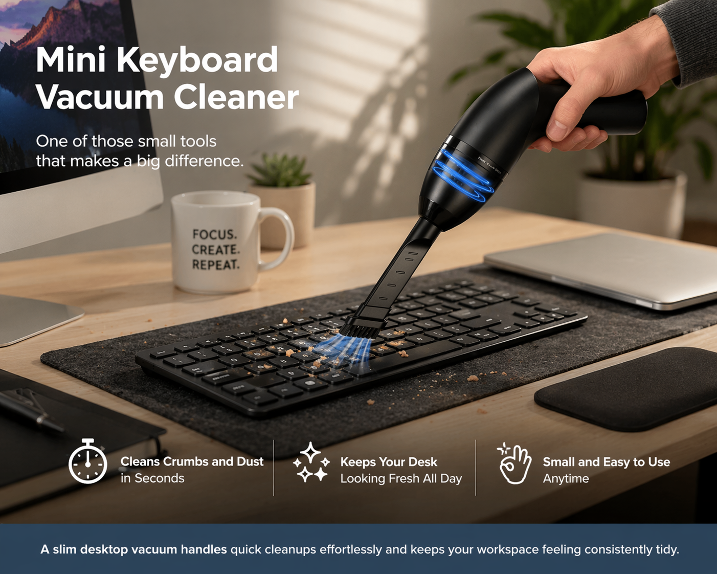 This tiny USB vacuum handles all of it in seconds, no wipes, no compressed air cans, no effort.