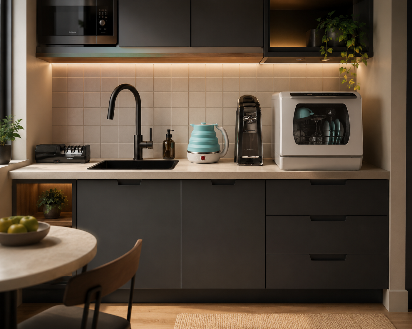 Modern compact kitchen with warm accents.png