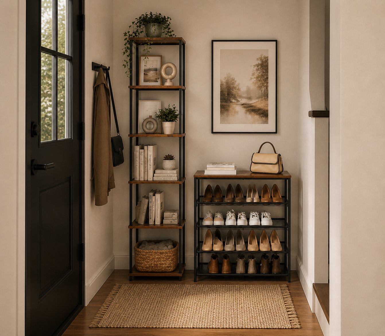 vertical storage shelf and shoe rack for tiny entryways