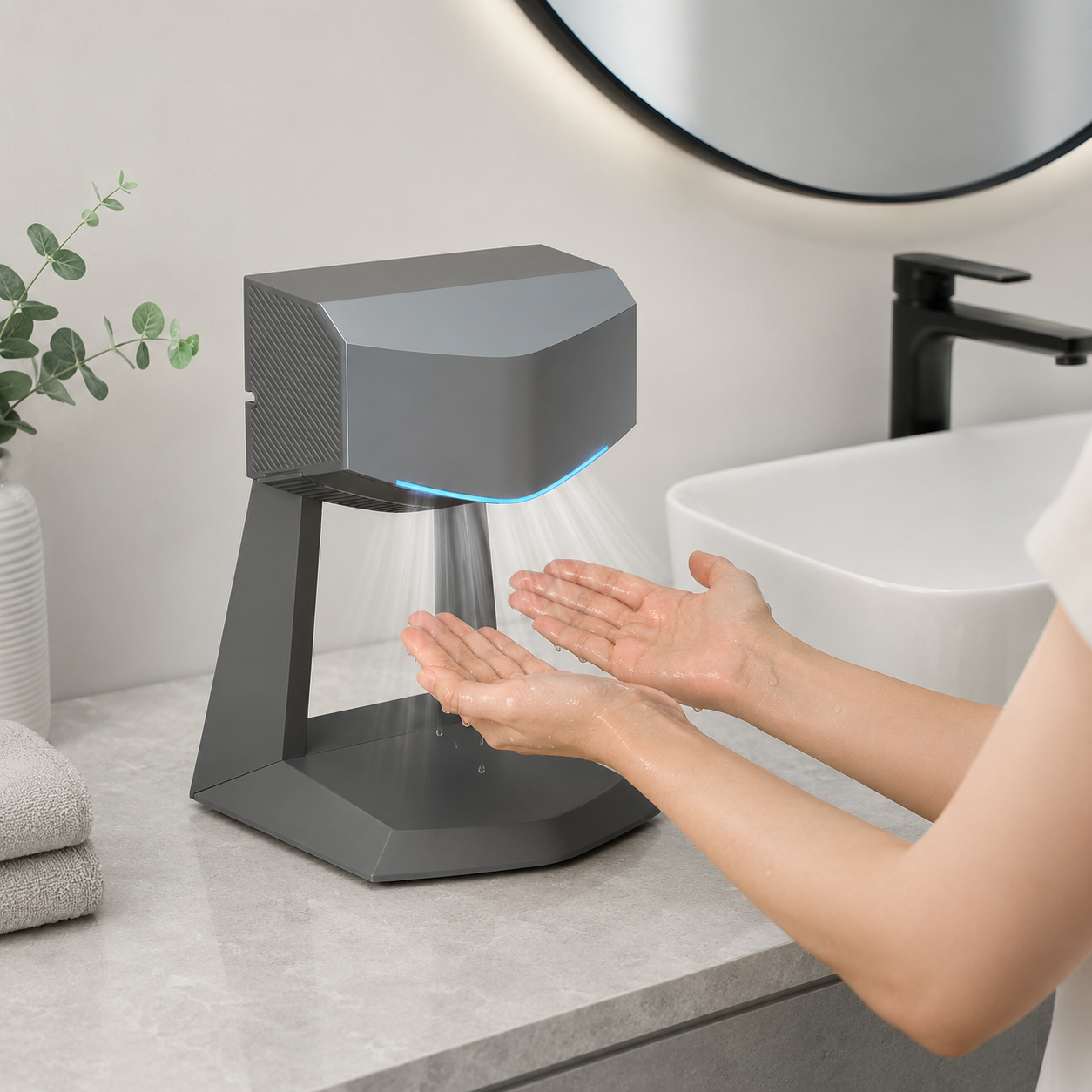 Modern bathroom with sleek hand dryer.png