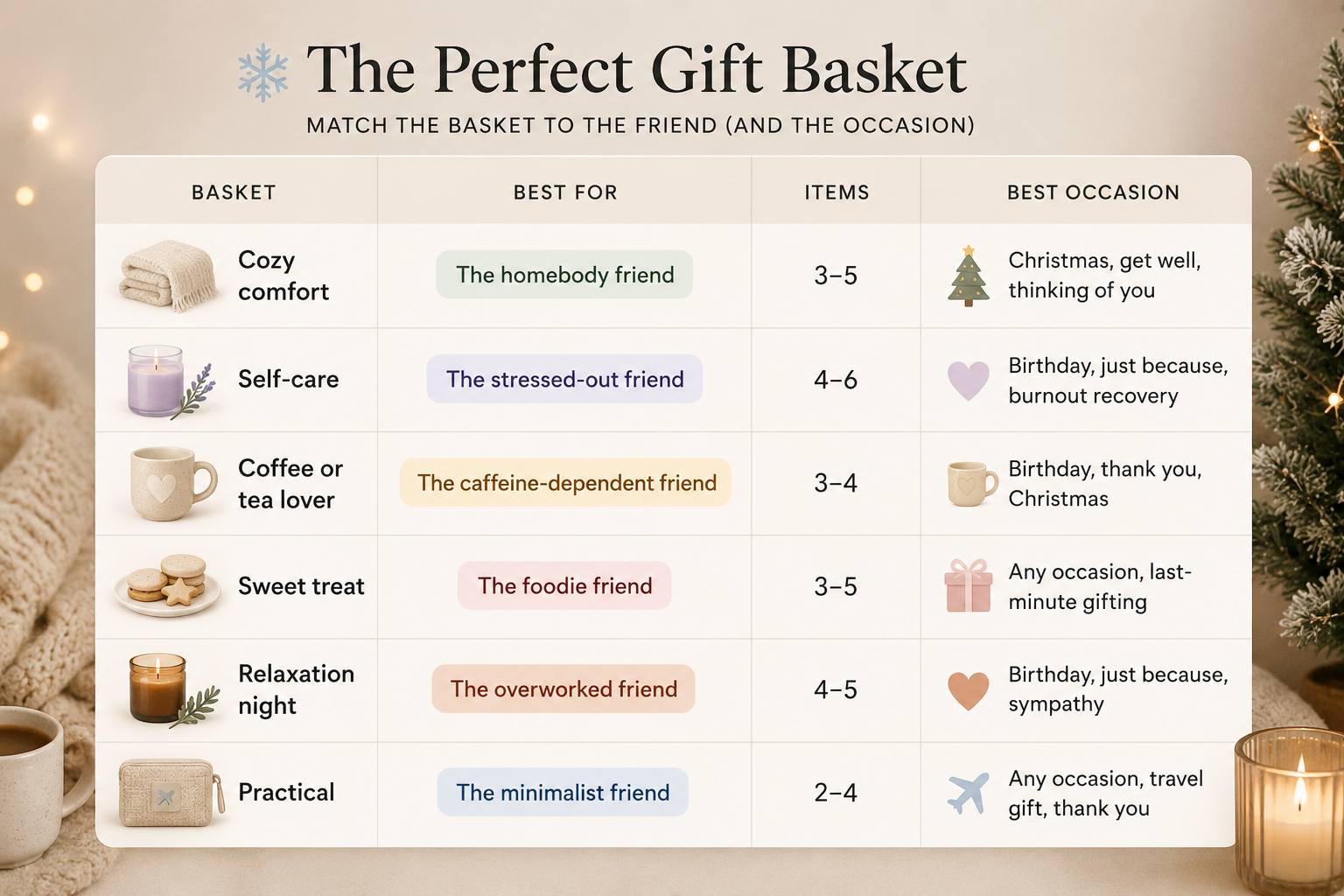 Cozy aesthetic gift basket guide infographic showing basket ideas for different personalities and occasions, including self-care, coffee lover, sweet treat, relaxation, and practical gift baskets with suggested item counts and gifting occasions.