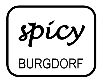 Logo mit dem Wort 'spicy' in cursiver Schrift und 'BURGDORF' darunter in Druckbuchstaben, umrahmt von einer abgerundeten rechteckigen Linie.