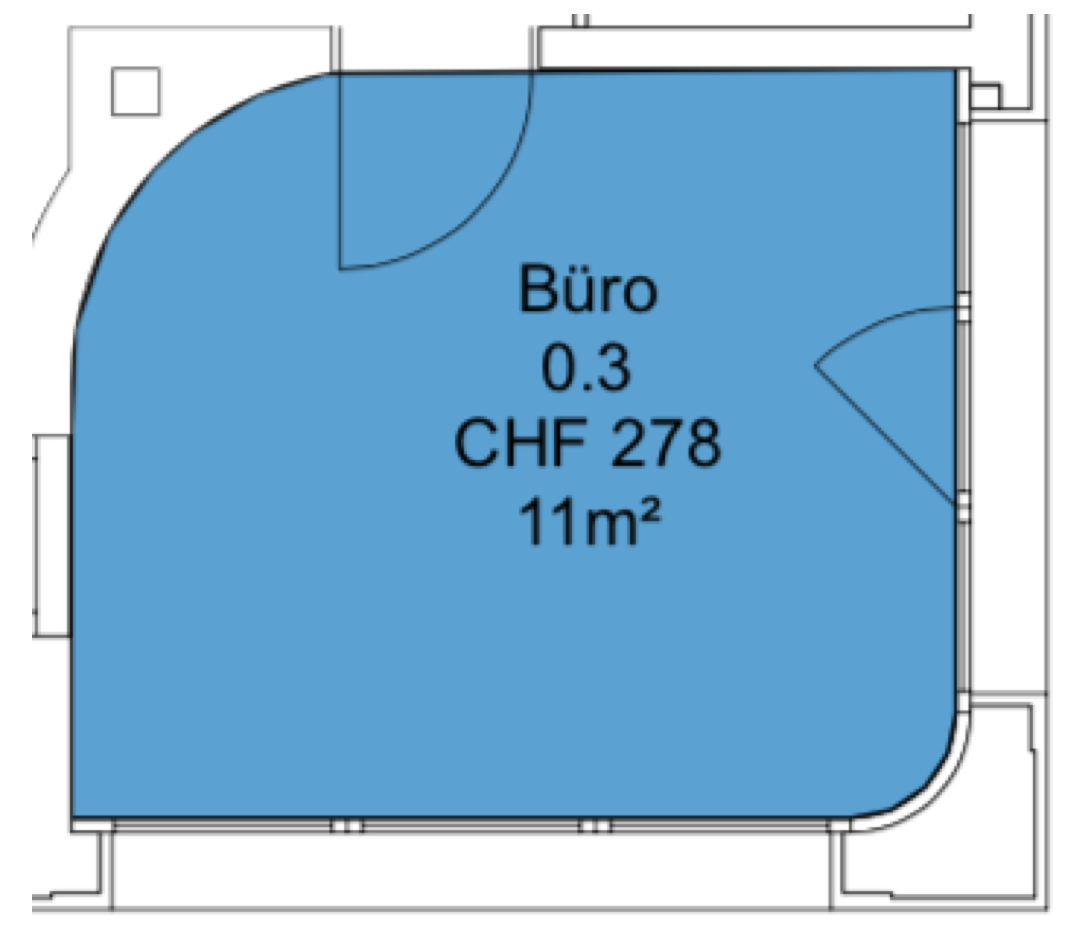 Grundriss eines Bürozimmers mit 11 Quadratmetern, CHF 278, und 0.3 Marke.