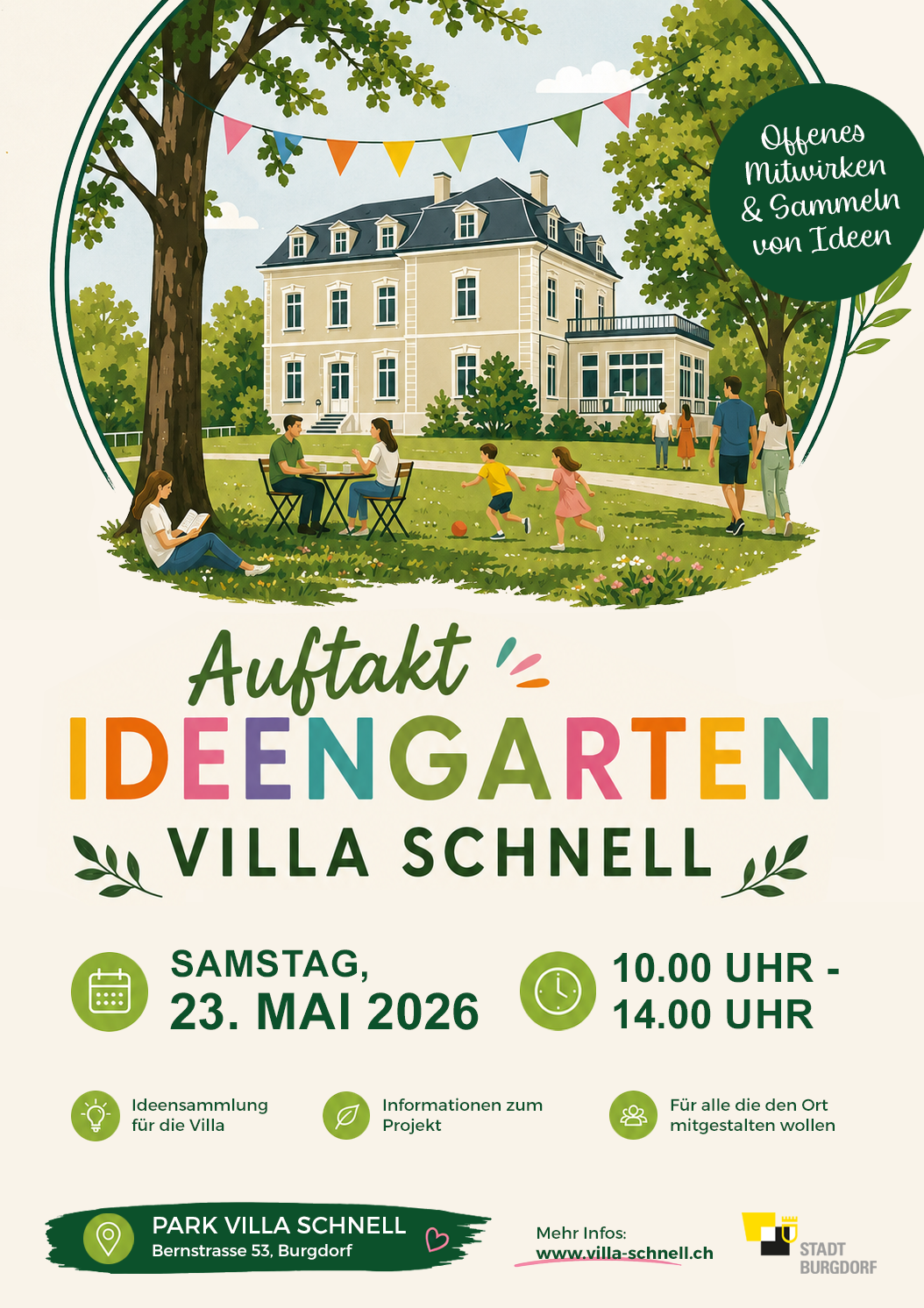 Ein farbenfrohes Plakat für ein Event im Park Villa Schnell. Es zeigt ein großes Haus umgeben von grünen Bäumen und Menschen, die im Park unterwegs sind, darunter Kinder, die Fußball spielen, und Erwachsene, die sich entspannen oder spazieren gehen. Das Plakat bewirbt eine Ideensammlung und Mitwirkung beim Projekt, findet am 23. Mai 2026 von 10 bis 14 Uhr statt, im Park Villa Schnell in Burgdorf, mit weiteren Informationen auf der Website.