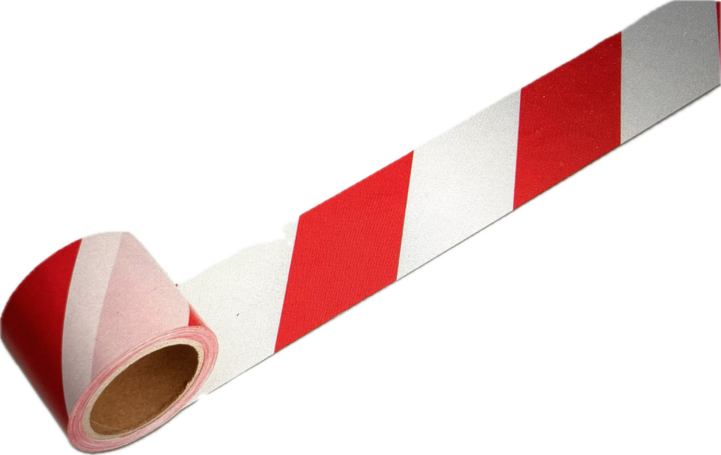 Eine Rolle Klebeband mit roten, weißen und grauen Streifen auf einer dunklen Hintergrund