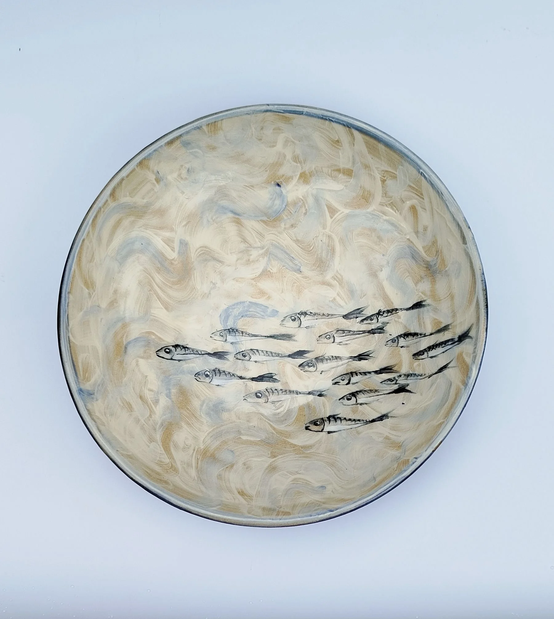 Hand pained mackerel fish on slip decorated  stoneware bowl
