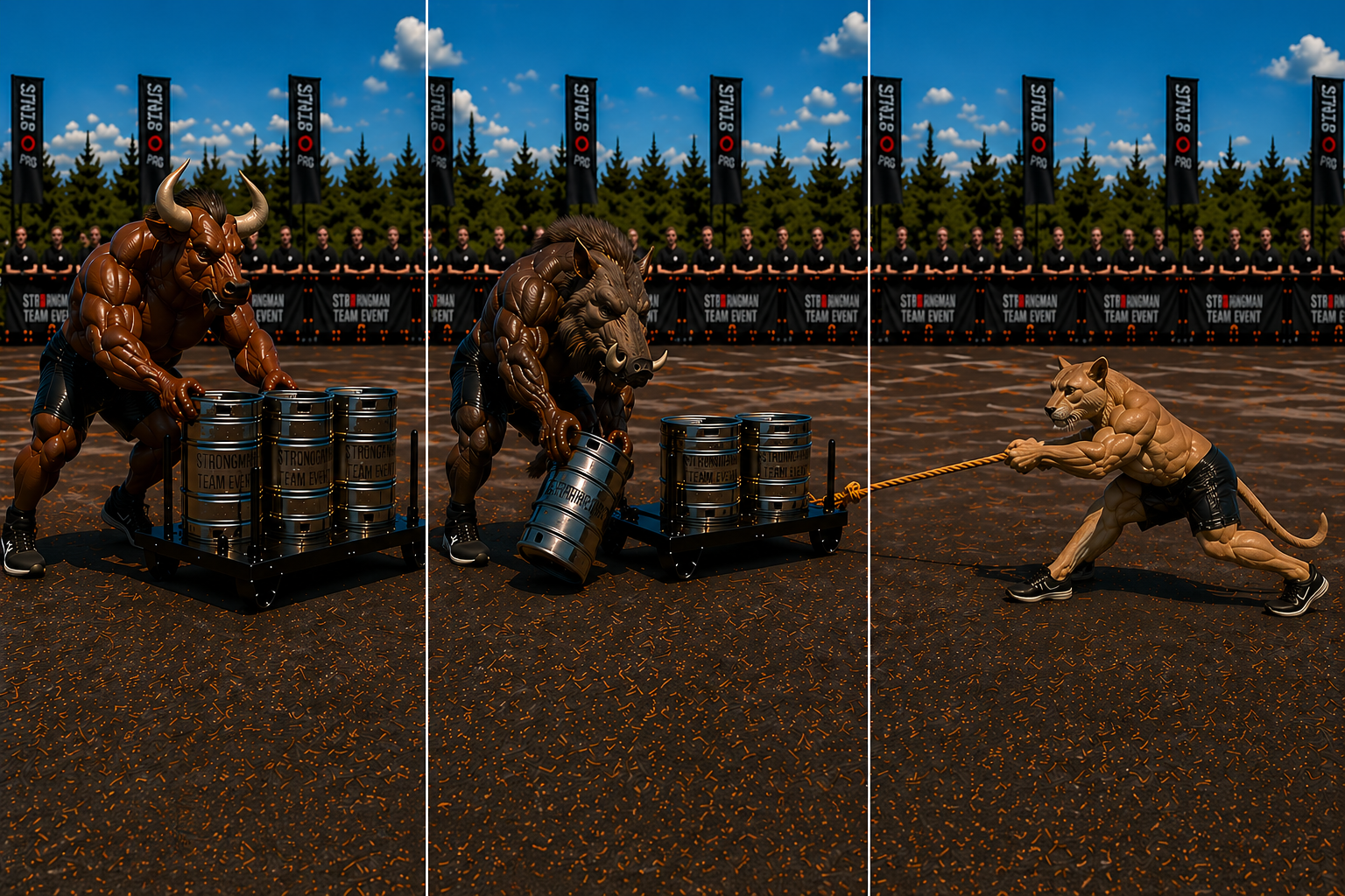 Three muscular animal characters, a bull, a boar, and a lion, participating in a strongman competition with barrels, on a sandy outdoor field with a crowd and black banners in the background.