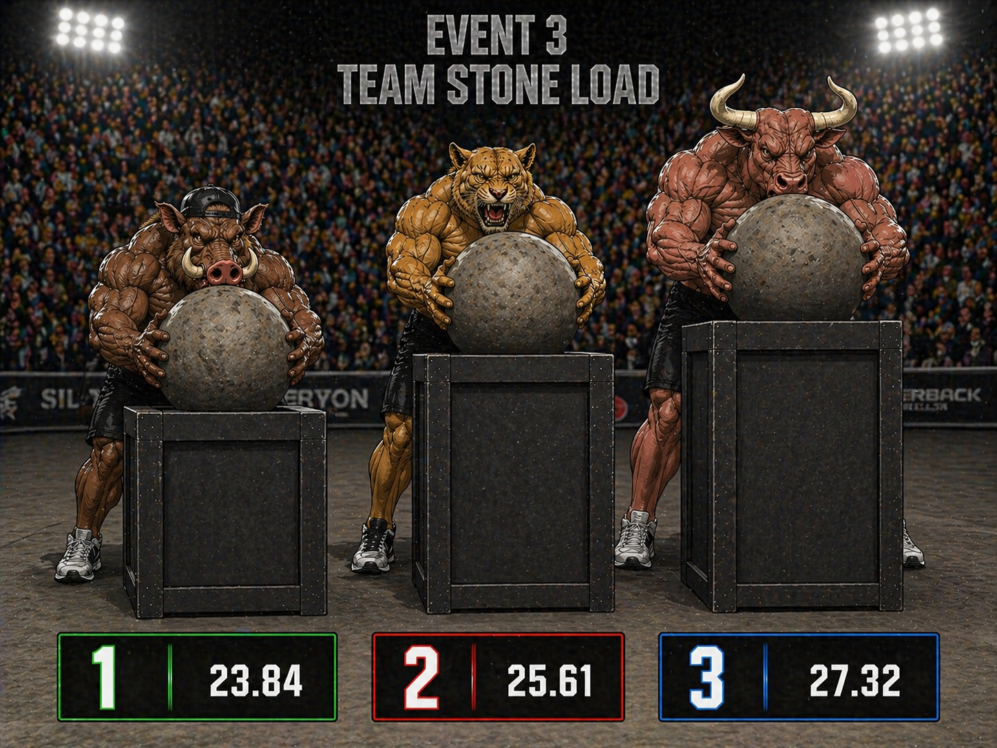 Three muscular animals (a boar, a tiger, and a buffalo) participating in a stone-loading competition, each holding a large stone. The animals stand behind podiums marked with numbers 1, 2, and 3 with their respective times, 23.84, 25.61, and 27.32 seconds. The background shows a stadium filled with spectators and a sign that reads "Event 3 Team Stone Load."