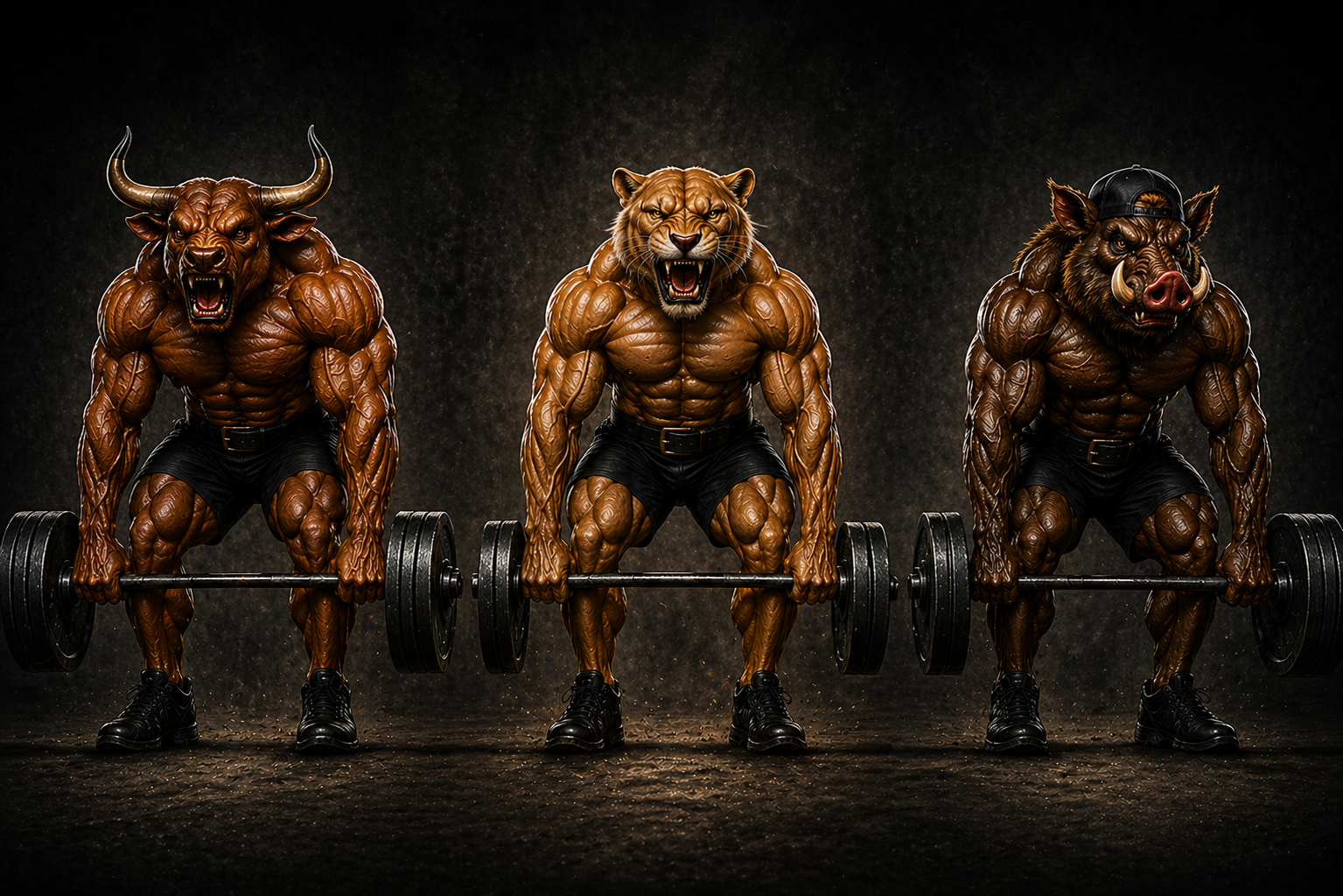 Three muscular creatures with animal heads and human bodies lifting barbells in a gym.