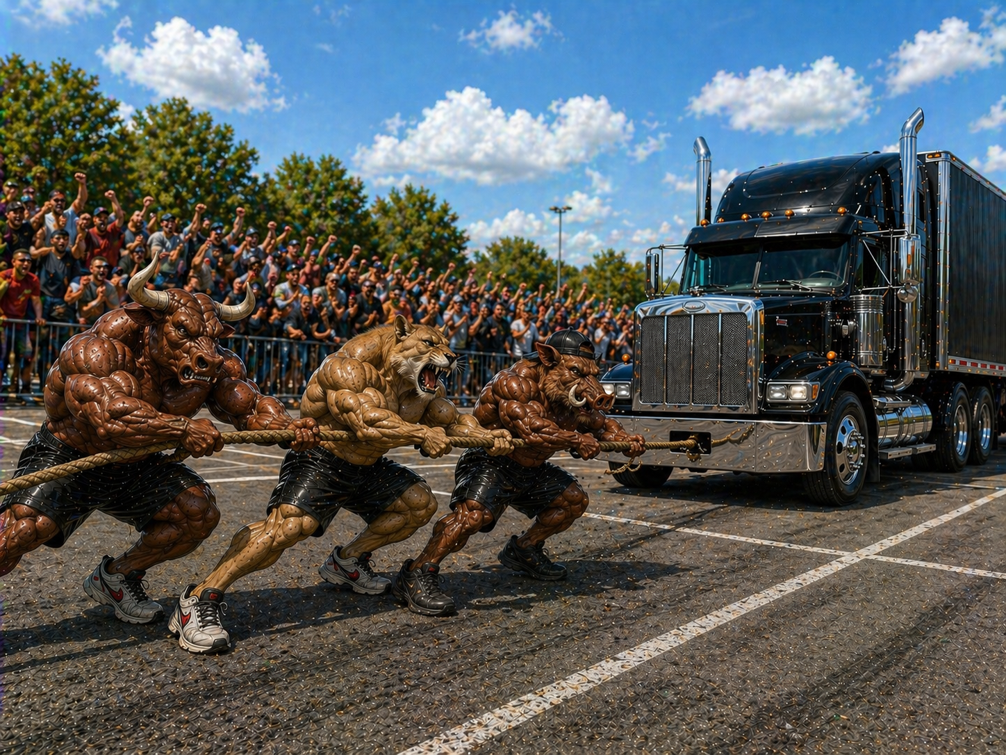 People in costumes, resembling a buffalo, lion, and boar, pulling a large black semi-truck in a tug-of-war competition in a parking lot during daytime with a crowd watching.