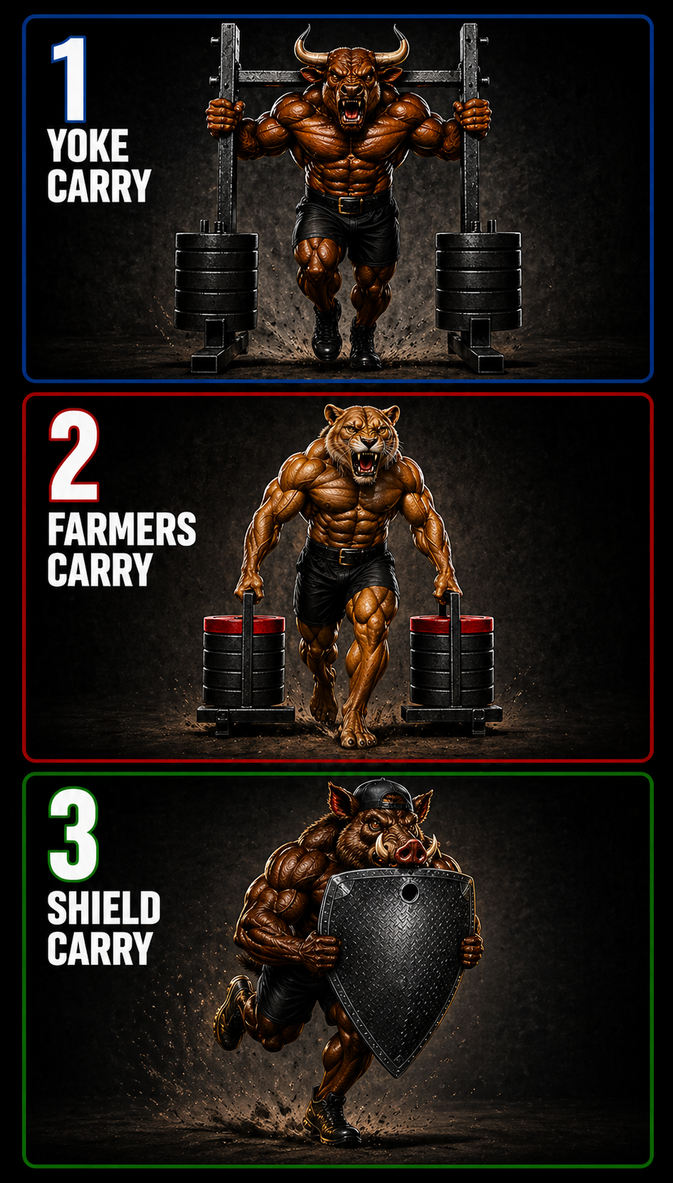 Illustration of three muscular, anthropomorphic animal characters demonstrating the top three powerlifting techniques. The first is a bull performing a yoke carry, the second is a lion doing a farmer's carry, and the third is a boar holding a shield, representing shield carry.