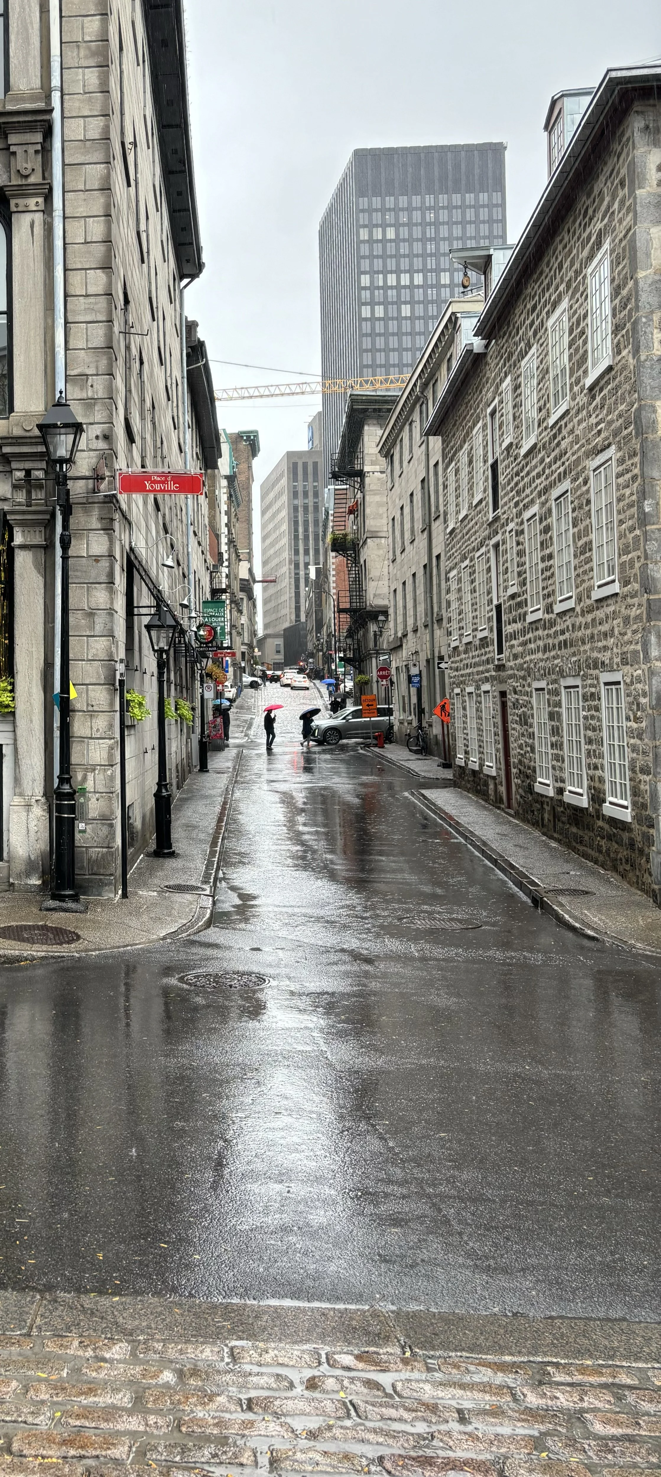 Rainy street in Vieux Montréal with pedestrians and historic buildings, representing the complexity of human systems.