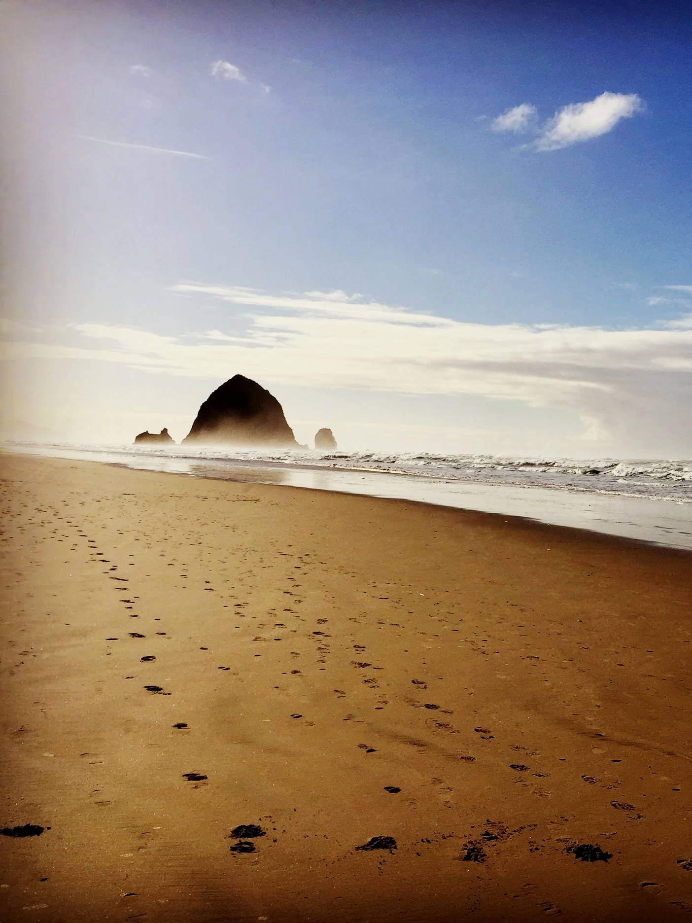 Coastal landscape with footprints in the sand and rock formations in the ocean.
