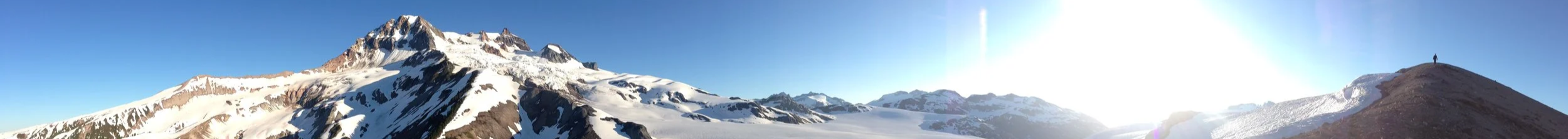 Snow-covered mountain range under a clear sky, representing perspective and navigating complex terrain.
