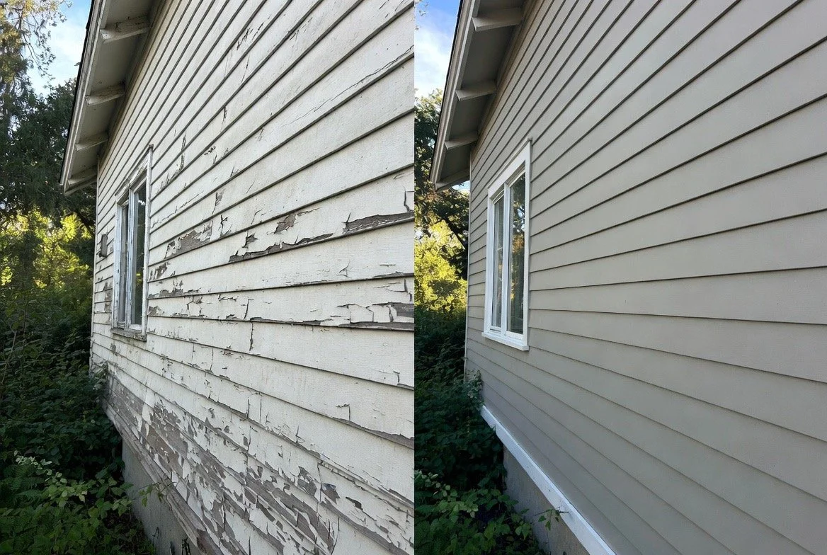 Side-by-side comparison of a house's exterior wall before and after siding repair. The left shows peeling, worn beige siding, while the right shows new beige siding with a clean appearance.