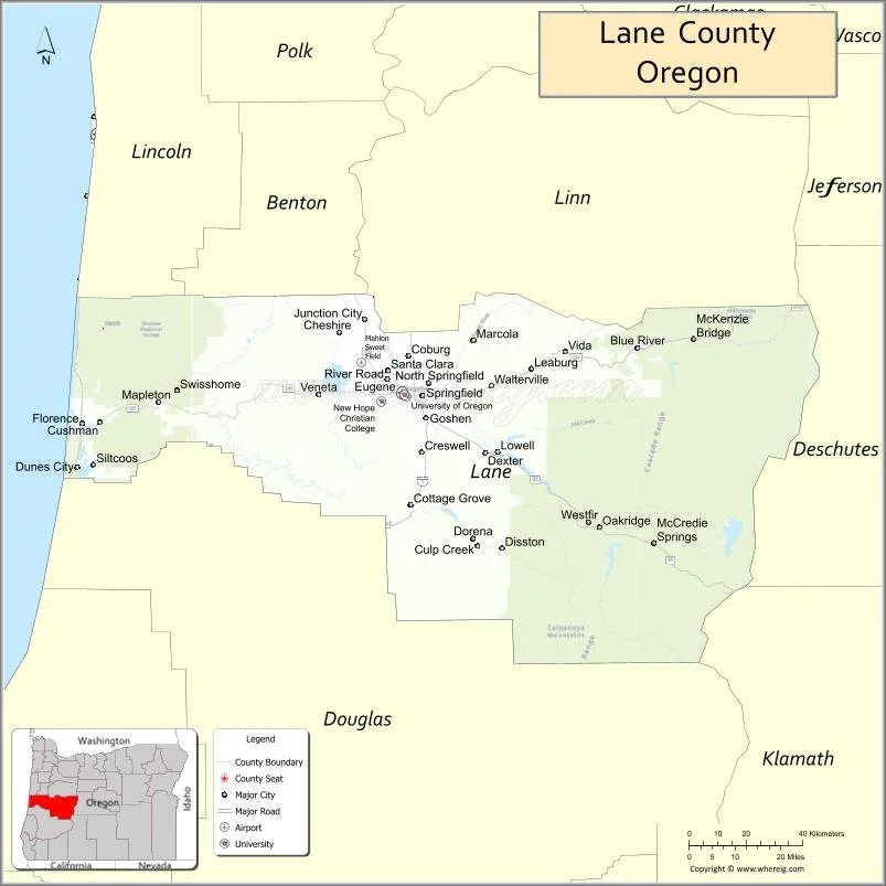Map of Lane County, Oregon, showing cities, roads, and boundaries.