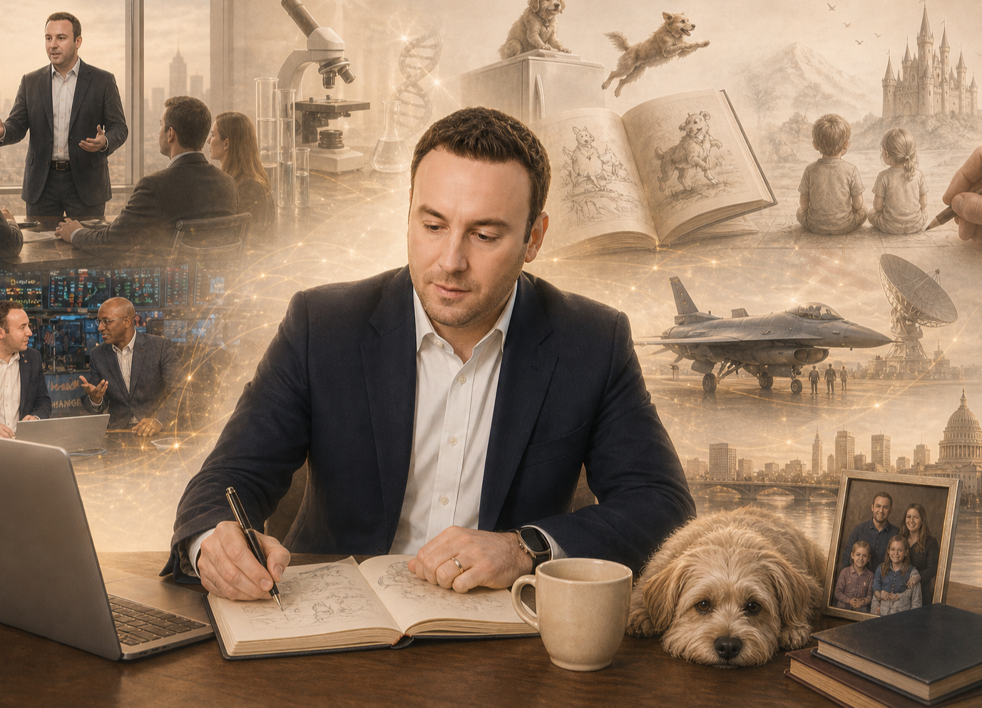 A man in a suit sitting at a desk with a dog, drawing in a notebook, with a laptop and framed family photo nearby. The background features images of scientific research, military aircraft, children reading, storytelling, and cityscape, symbolizing innovation, exploration, and human connections.