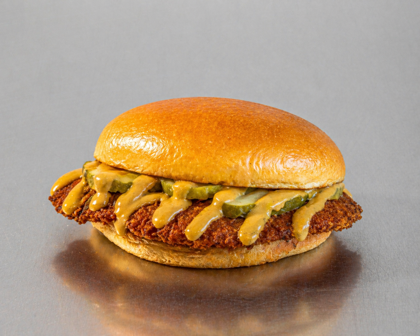 Fried chicken sandwich with pickles and mustard sauce in a bun on a gray surface.