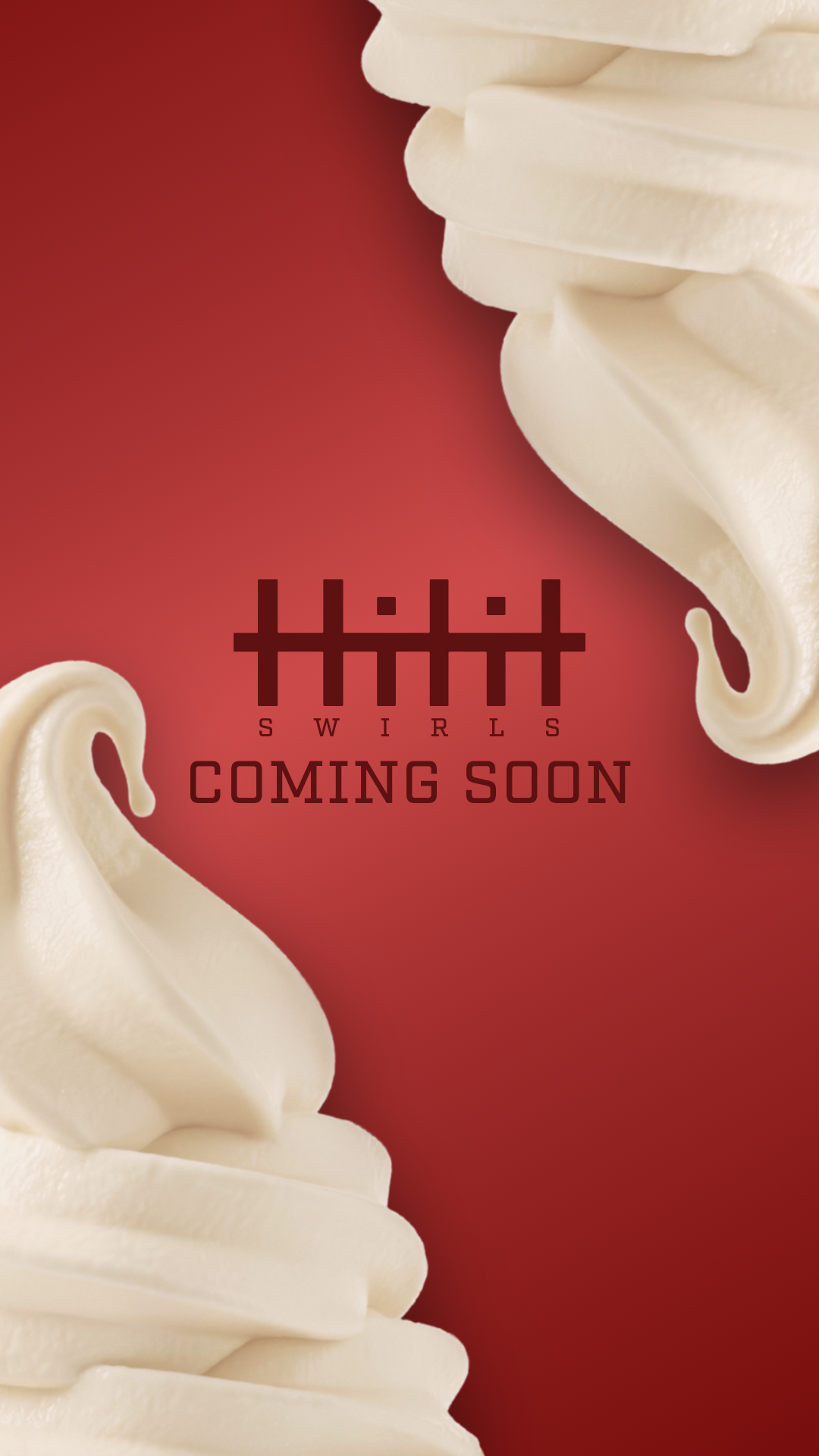 Close-up of vanilla soft serve ice cream swirls on a red background with the text 'Swirls Coming Soon'.