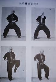 Four black-and-white photos of a man demonstrating martial arts stances and movements