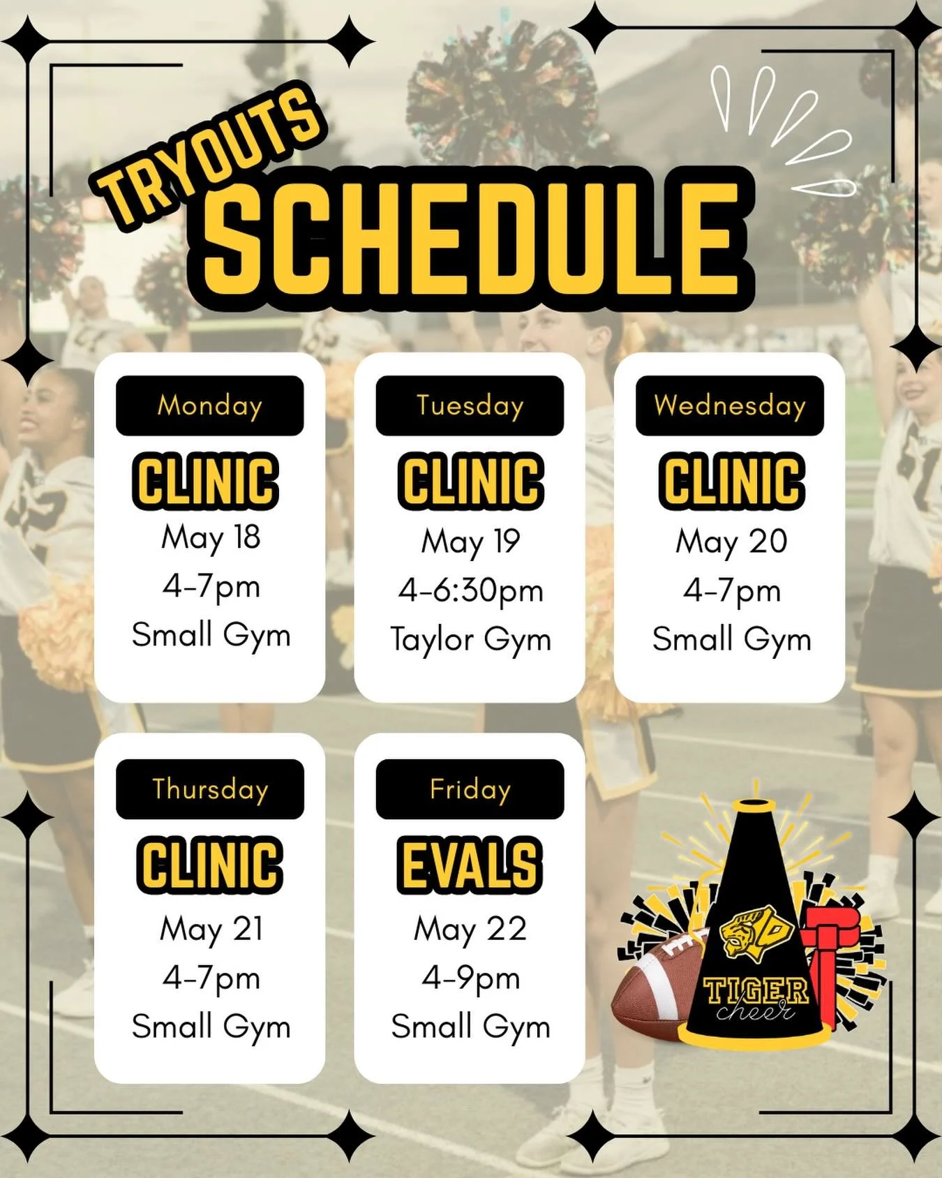 It&rsquo;s here! Tiger Cheer tryouts begin TODAY &amp; we can&rsquo;t wait to see you out there. 🐯🖤 Bring your spirit, bring your skills, &amp; come join us this week! Not in our tryouts BAND group yet? Get in there - link in bio! 📣
