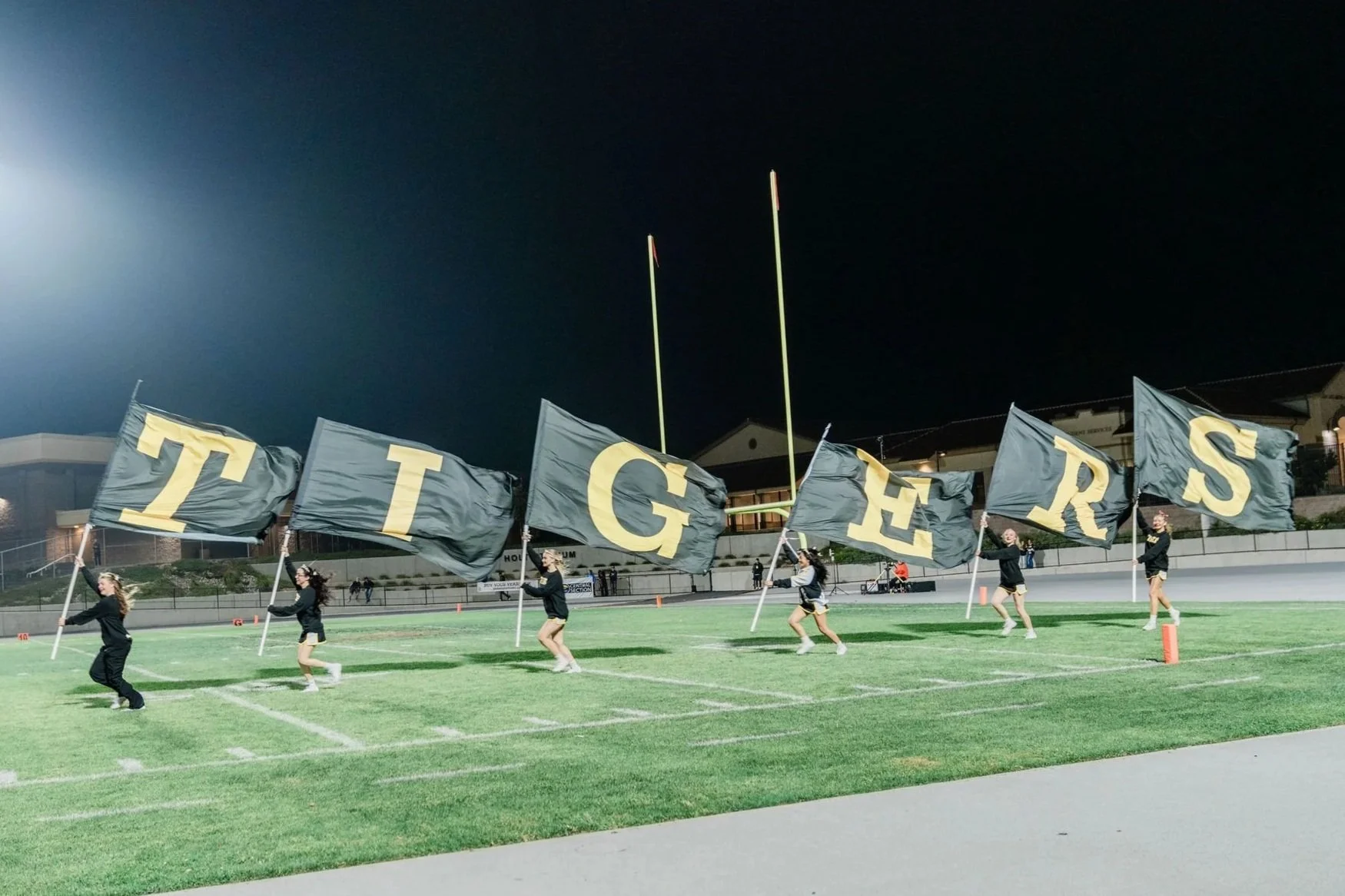 A group of cheerleaders or dancers holding large black flags with yellow letters spelling 'TIGERS' on a football field at night.