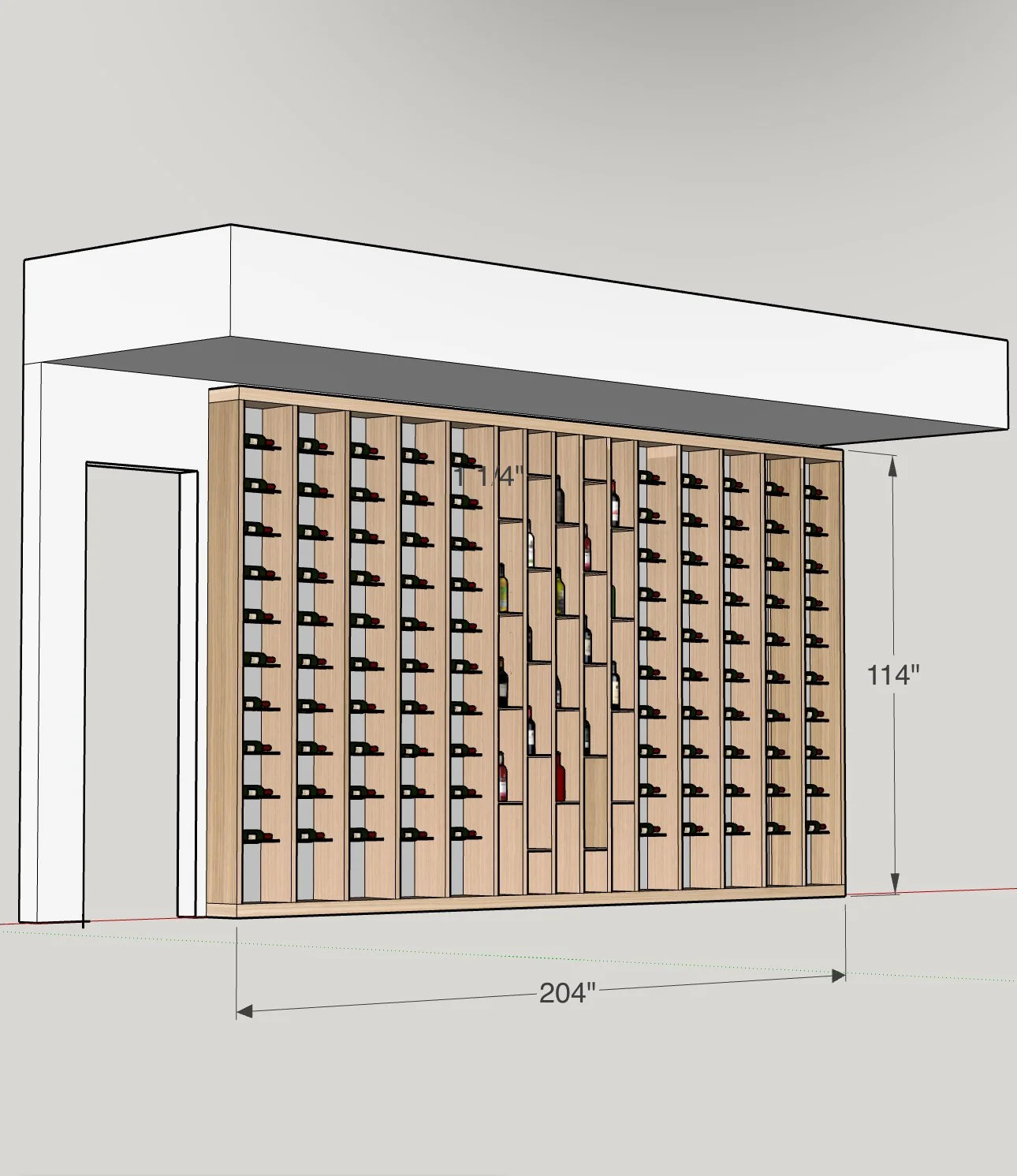 Design drawing of a wine storage cabinet with dimensions of 204 inches in width, 114 inches in height, featuring multiple compartments filled with wine bottles and a few bottles displayed on shelves.