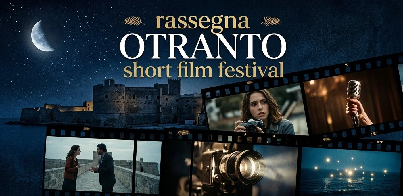 Poster del festival di cortometraggi 'Otranto' con immagini di un castello, una luna, due persone che parlano, una donna con una macchina fotografica, una mano con un microfono, un tramonto sul mare e un proiettore.
