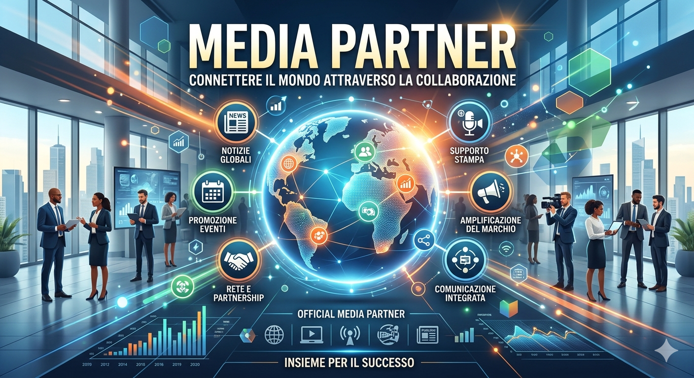 Grafica digitale di partnership media con il mondo con persone in un ufficio moderno. Mostra parole come Notizie globali, Promozione eventi, Rete e partnership, Supporto stampa, Amplificazione del marchio, Comunicazione integrata.
