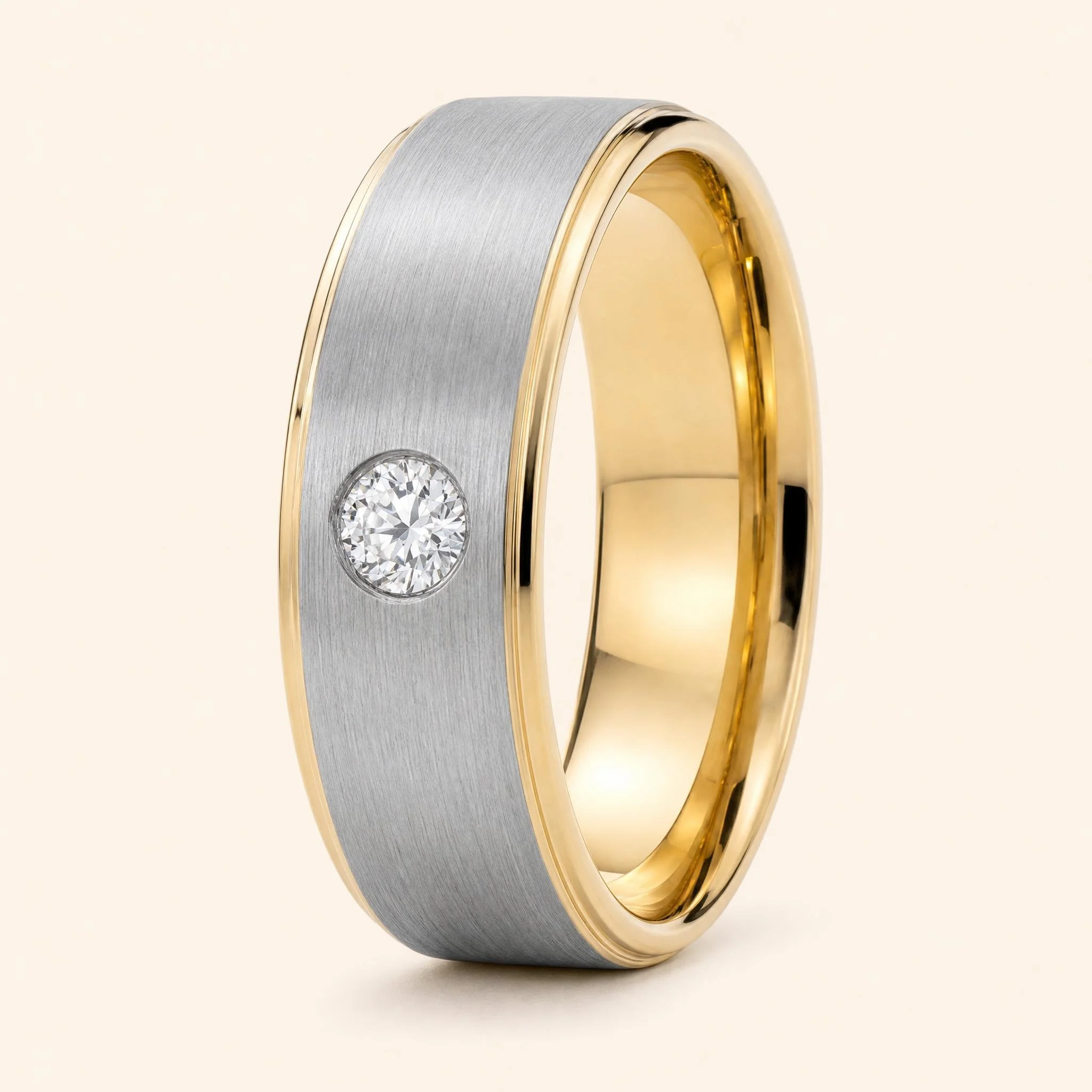 Two Tone Brushed Wedding Band with Flush-Set Diamond