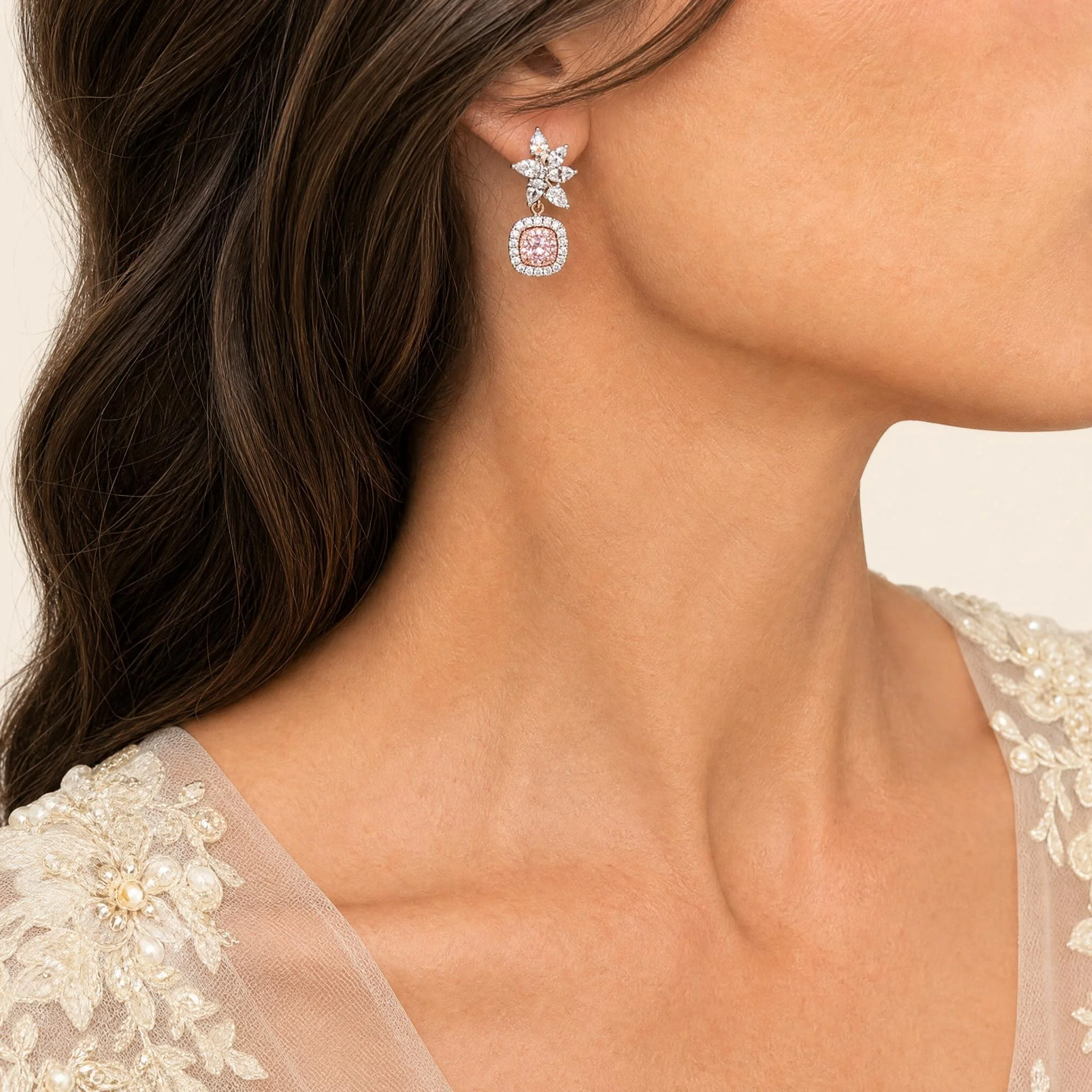 GIA Certified Pink Cushion-Cut Diamond Halo Drop Earrings in White & Rose Gold model.jpeg