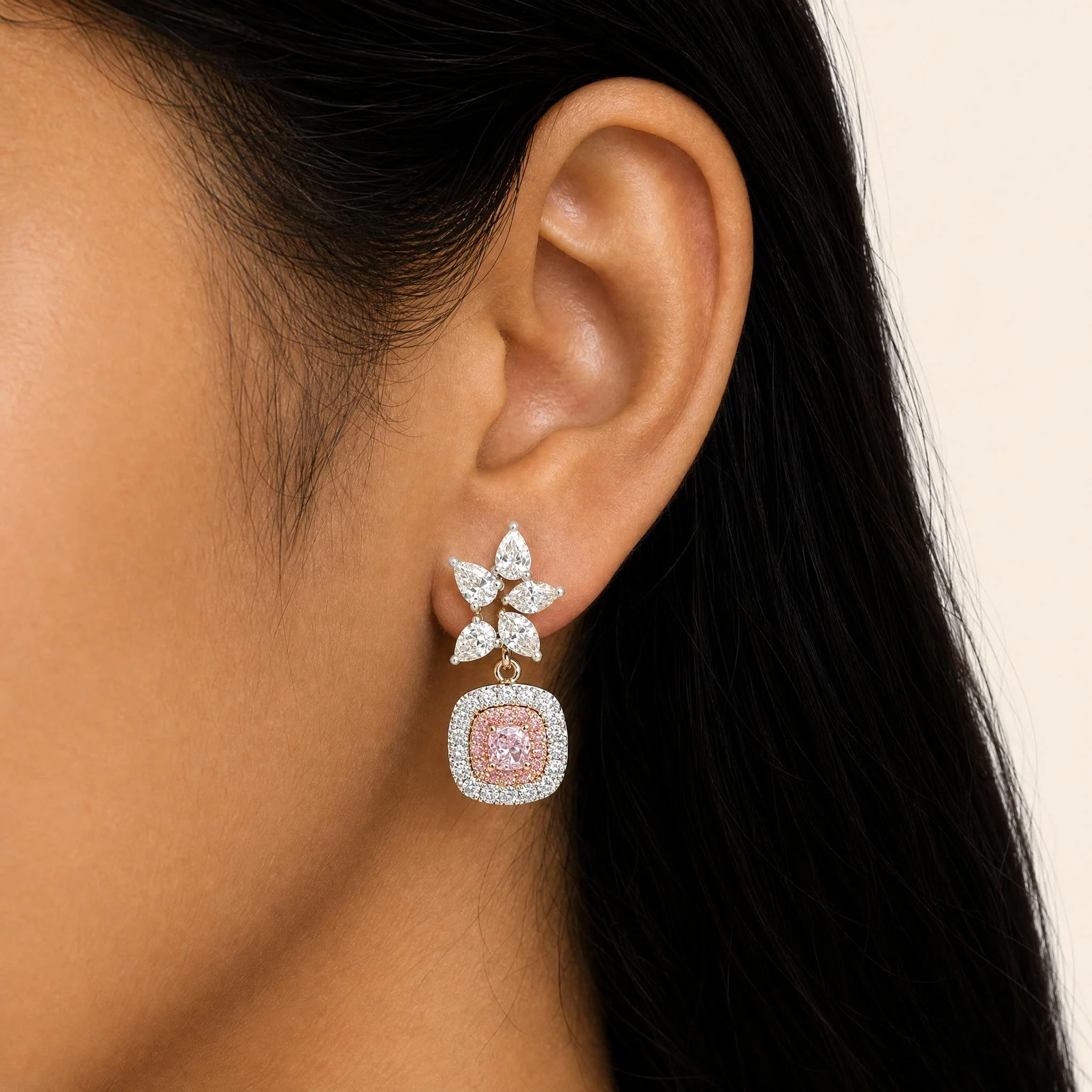 GIA Certified Pink Cushion-Cut Diamond Halo Drop Earrings in White & Rose Gold model 10 pc.jpeg