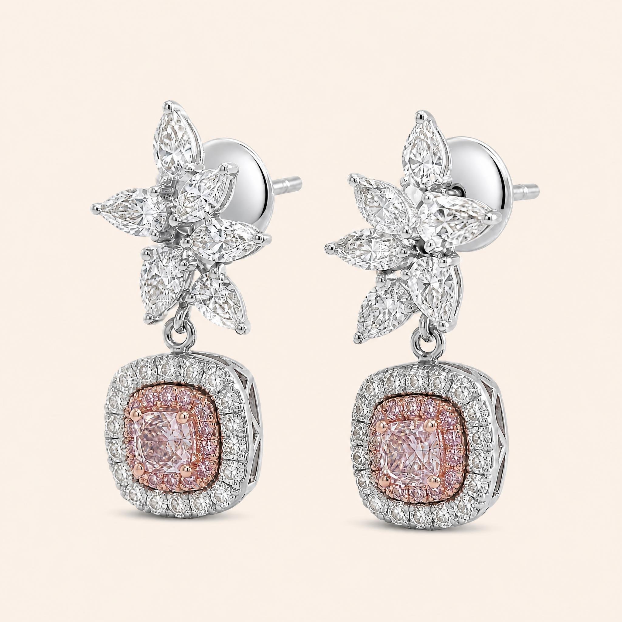 Pink Cushion-Cut Diamond Halo Drop Earrings in White & Rose Gold