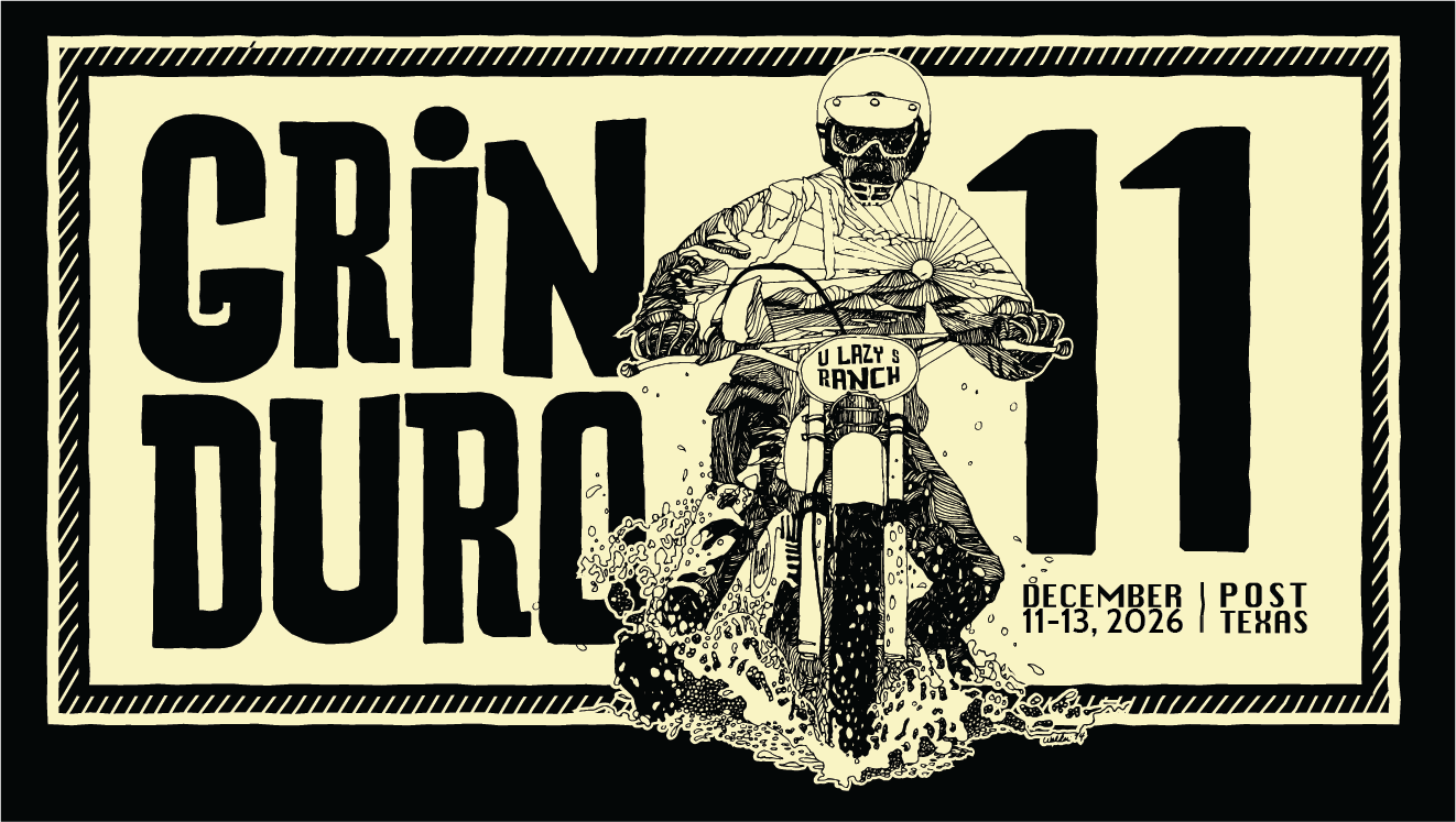 A graphic design poster for the Grin Duro motorcycle event, featuring a rider in a helmet and goggles on a dirt bike, with event details and location in Texas, December 11-13, 2026.