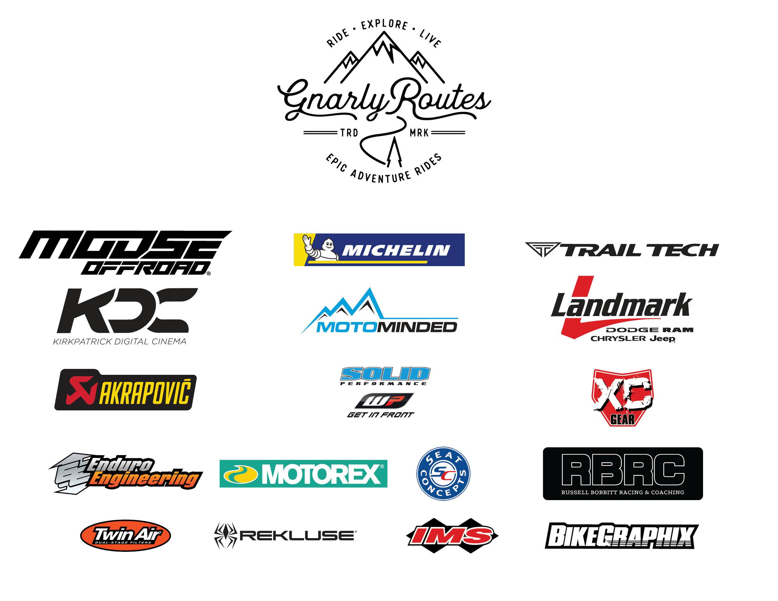 Logo for Gnarly Routes, an adventure riding company, features a mountain with a trail winding down, surrounded by sponsor logos including Michelin, Trail Tech, Kirkpatrick Digital Cinema, MotoMinded, Landm, Dodge Ram, and others.