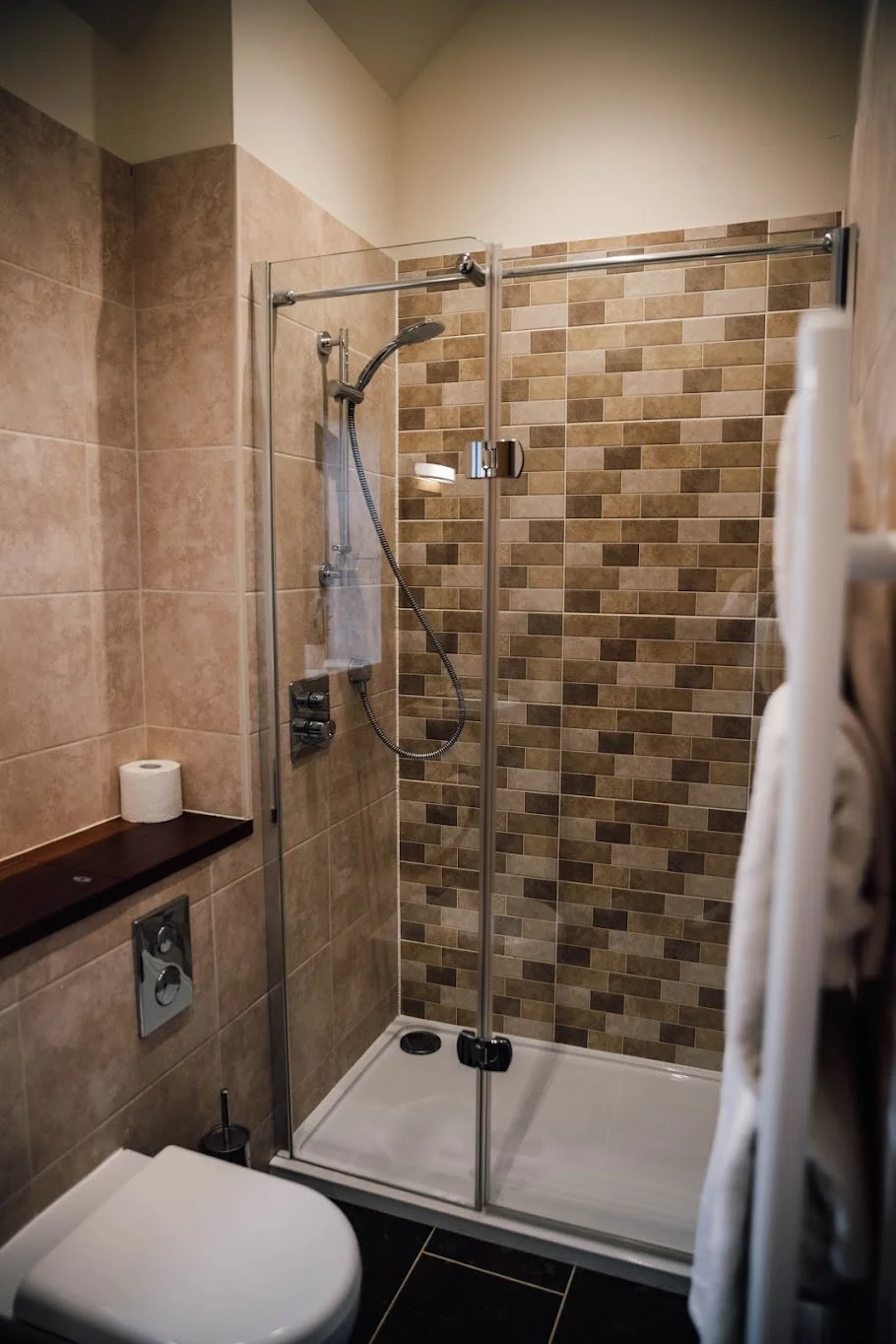 A small bathroom with a walk-in shower that has glass doors and beige tiled walls, a toilet, and a roll of toilet paper on a wooden shelf.