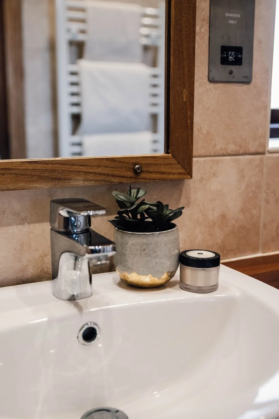 Bathroom sink with a faucet, a potted succulent plant, a small container, a mirror, and a wall-mounted soap or sanitizer dispenser.