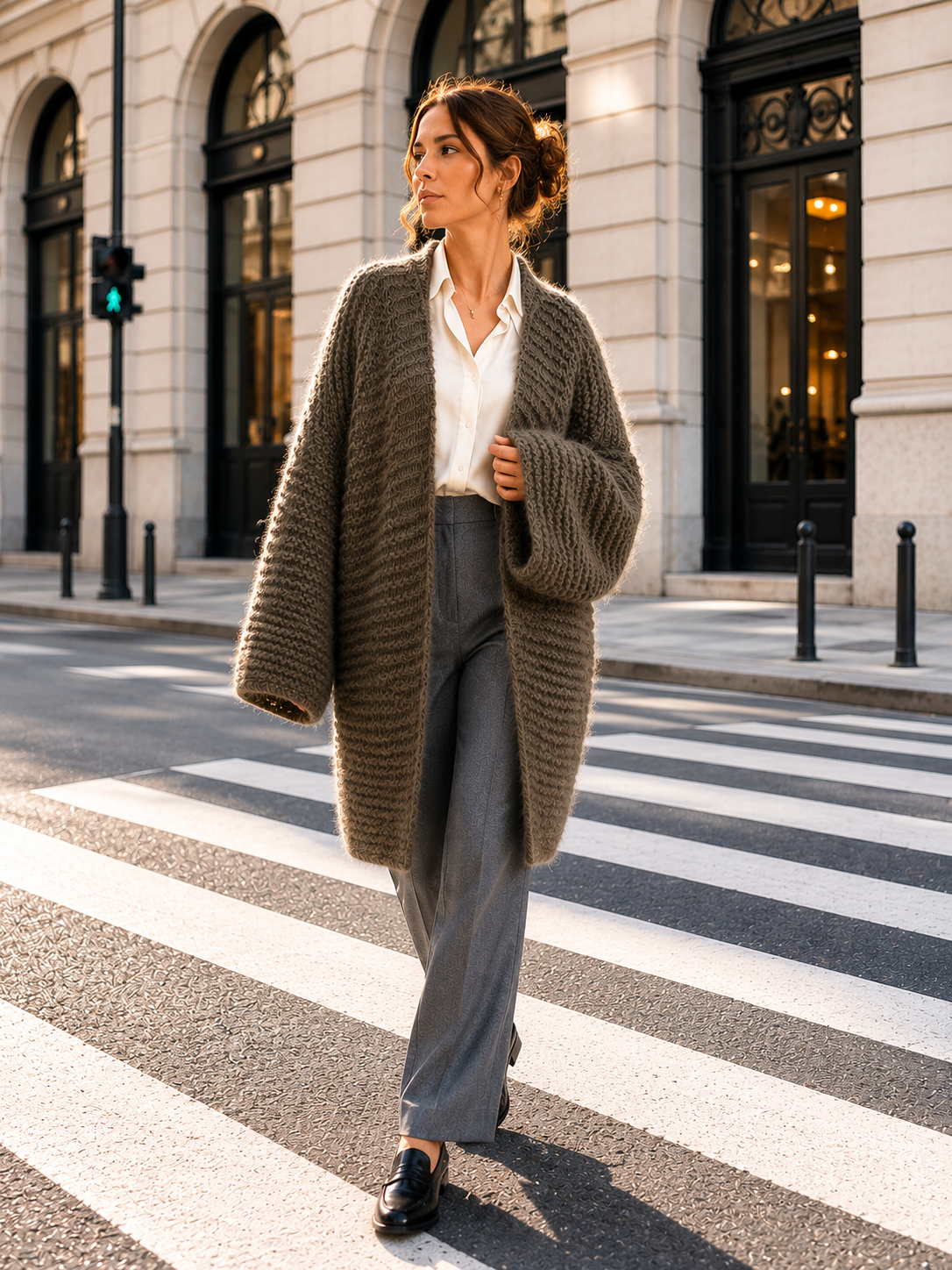 green chunky cardigan, oversized, business relaxed look outfit, worn by woman over white dhirt, grey trousers and loafers