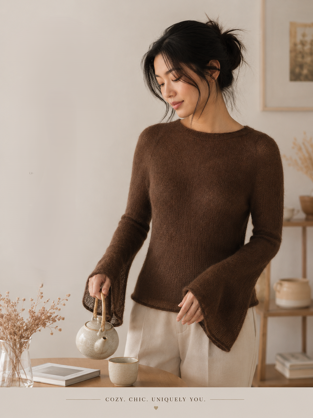 Bell Sleeve Raglan Sweater in Mohair Yarn-Minimalist Design (PDF)