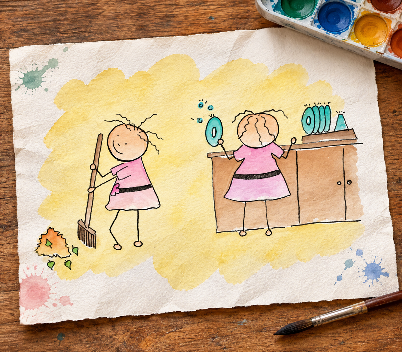 A watercolor illustration of two girls with pink dresses. One girl is sweeping the floor with a rake, and the other is spinning plates on a stick. There are paint splashes around the paper, which is placed on a wooden surface with a paint palette nearby.