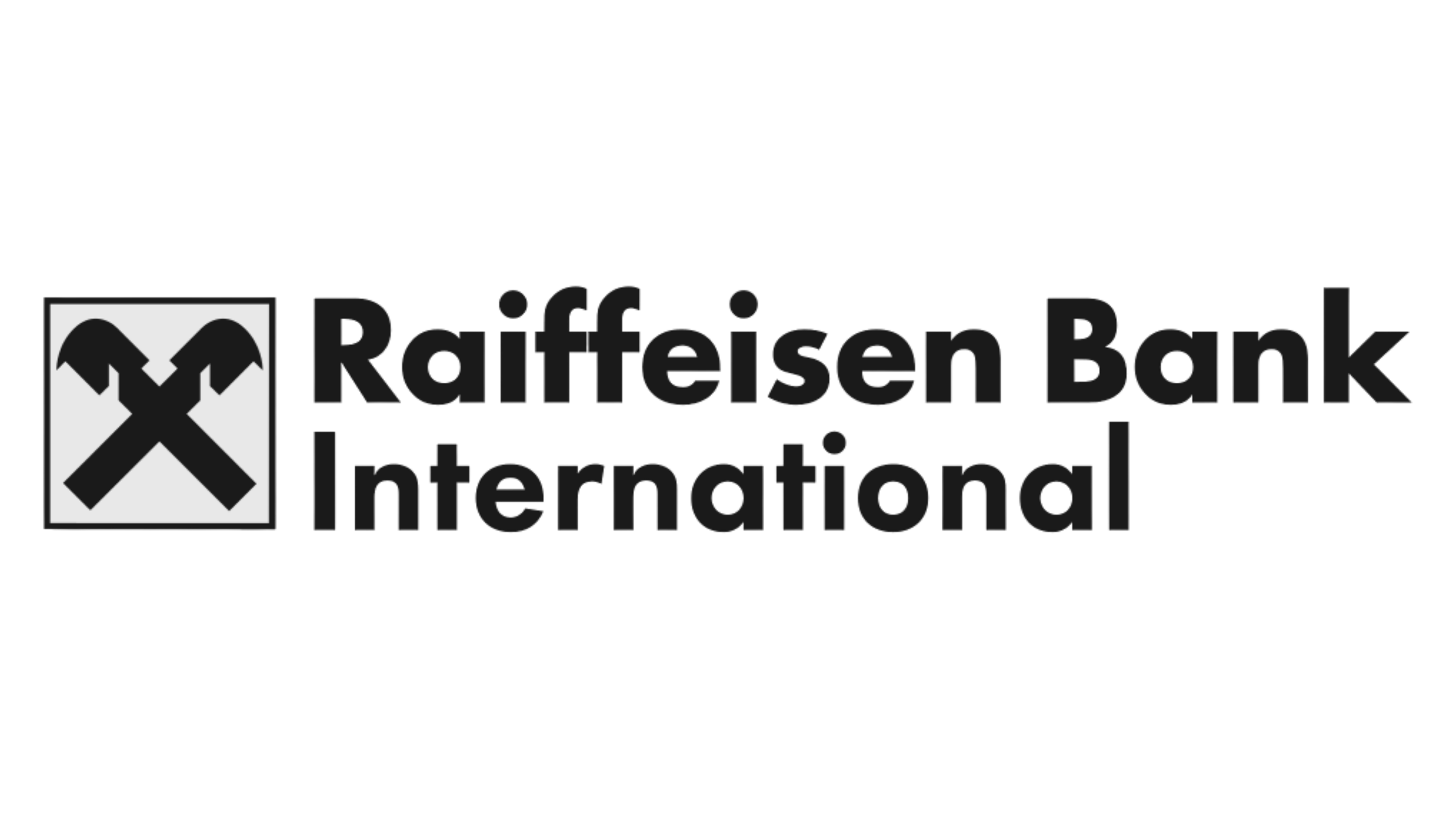 Logo of Raiffeisen Bank International featuring two black broken arrow symbols pointing inward, accompanied by the bank's name in black text.