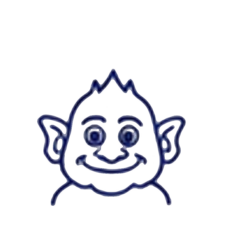 Cartoon illustration of a smiling elf with pointy ears and spiky hair, rendered in glowing blue lines.
