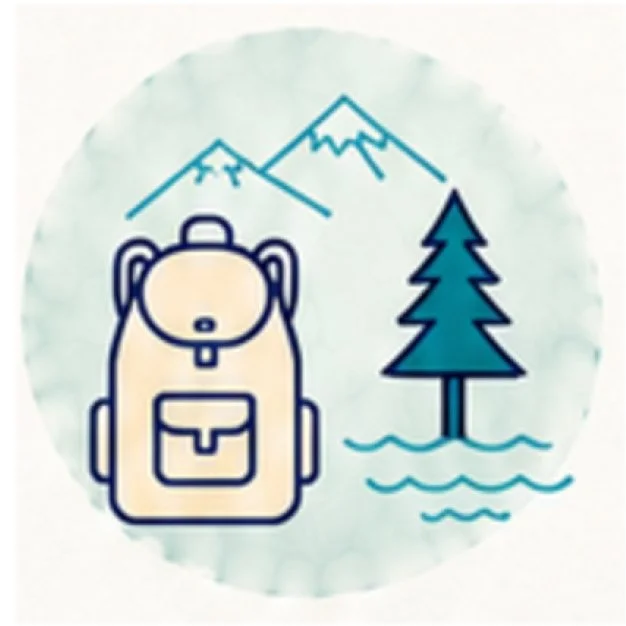 A cartoon bear pack with mountains, a pine tree, and water in the background.