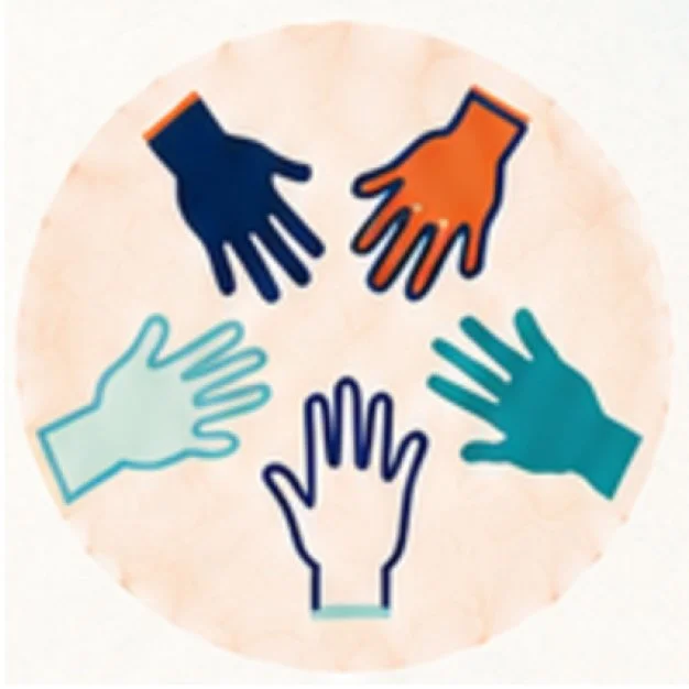 Five colorful outlined hands reaching towards the center, symbolizing teamwork or collaboration.