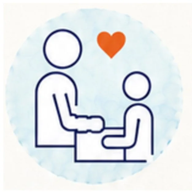 Line drawing of a person shaking hands with a child, with a red heart above them, on a light blue watercolor background.