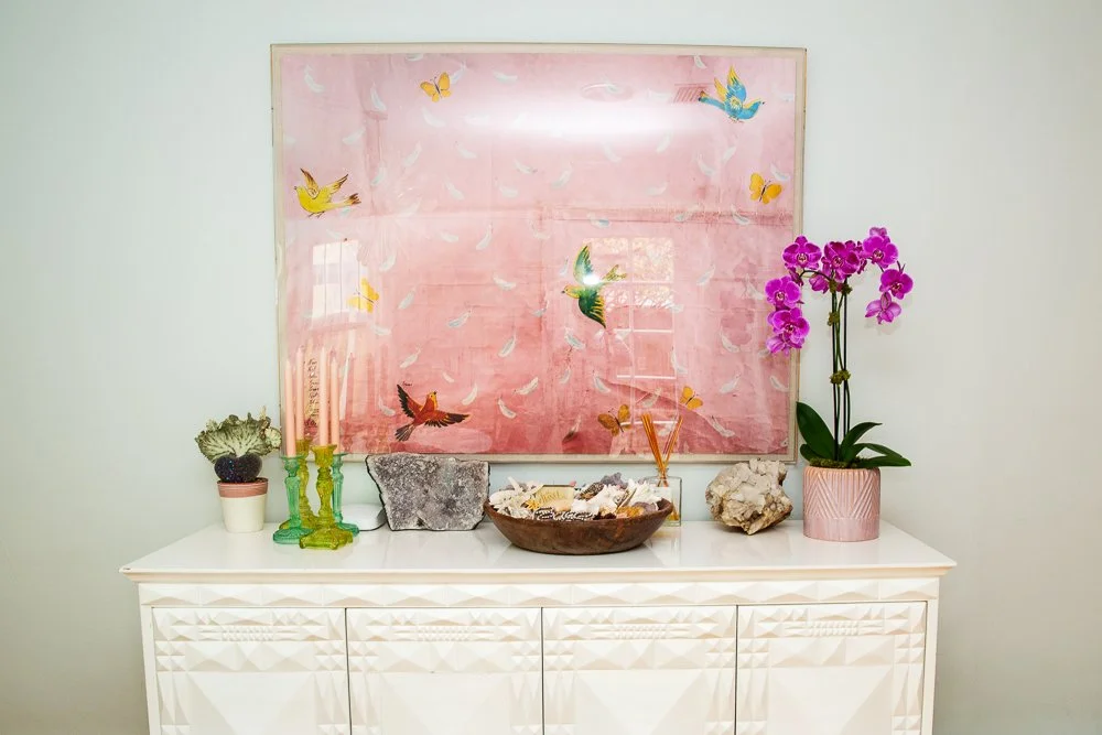orchid and pink bird picture with crystals