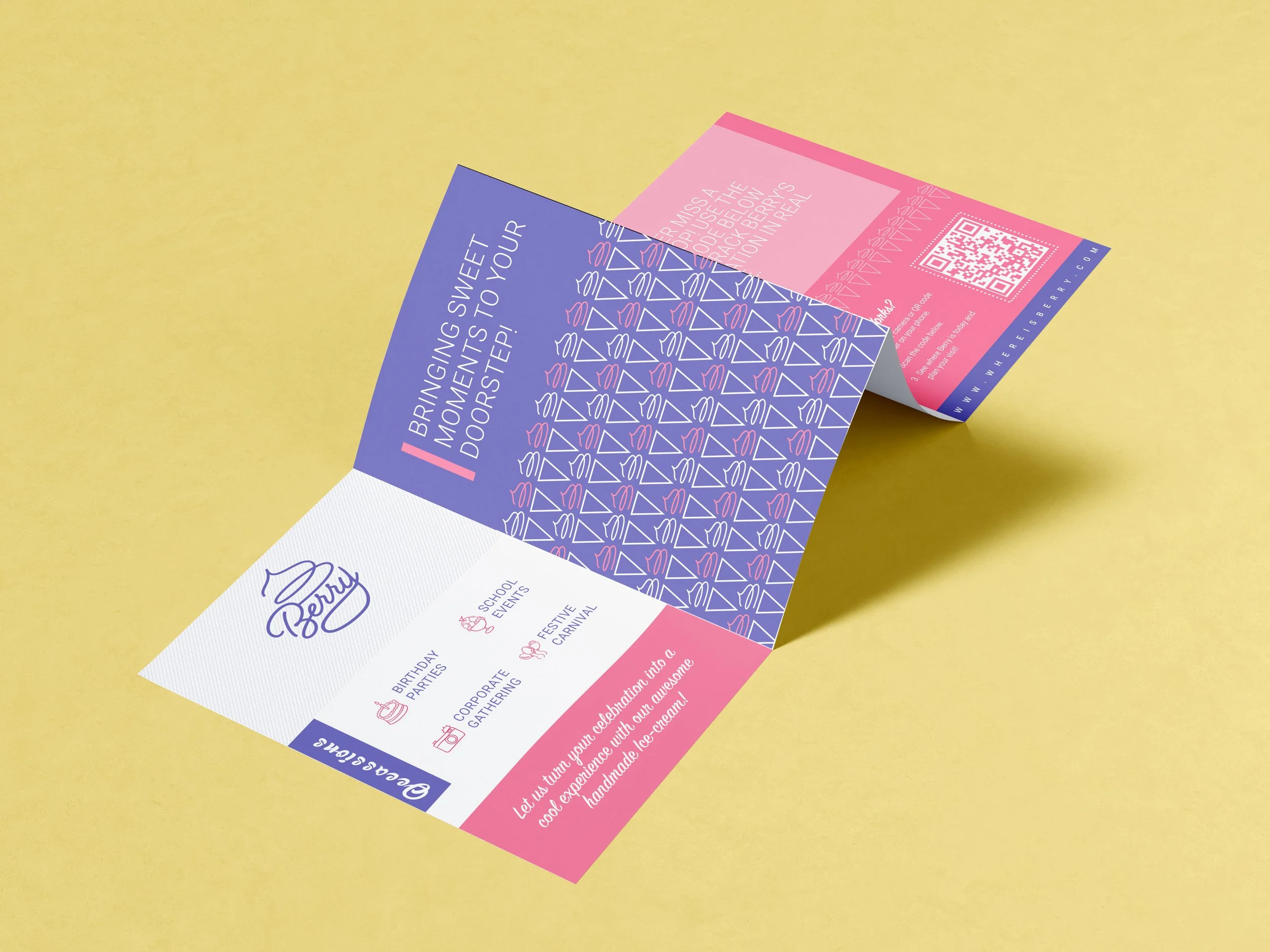 A colorful folded flyer on a yellow background promoting events and celebrations, with text, icons, and a QR code.