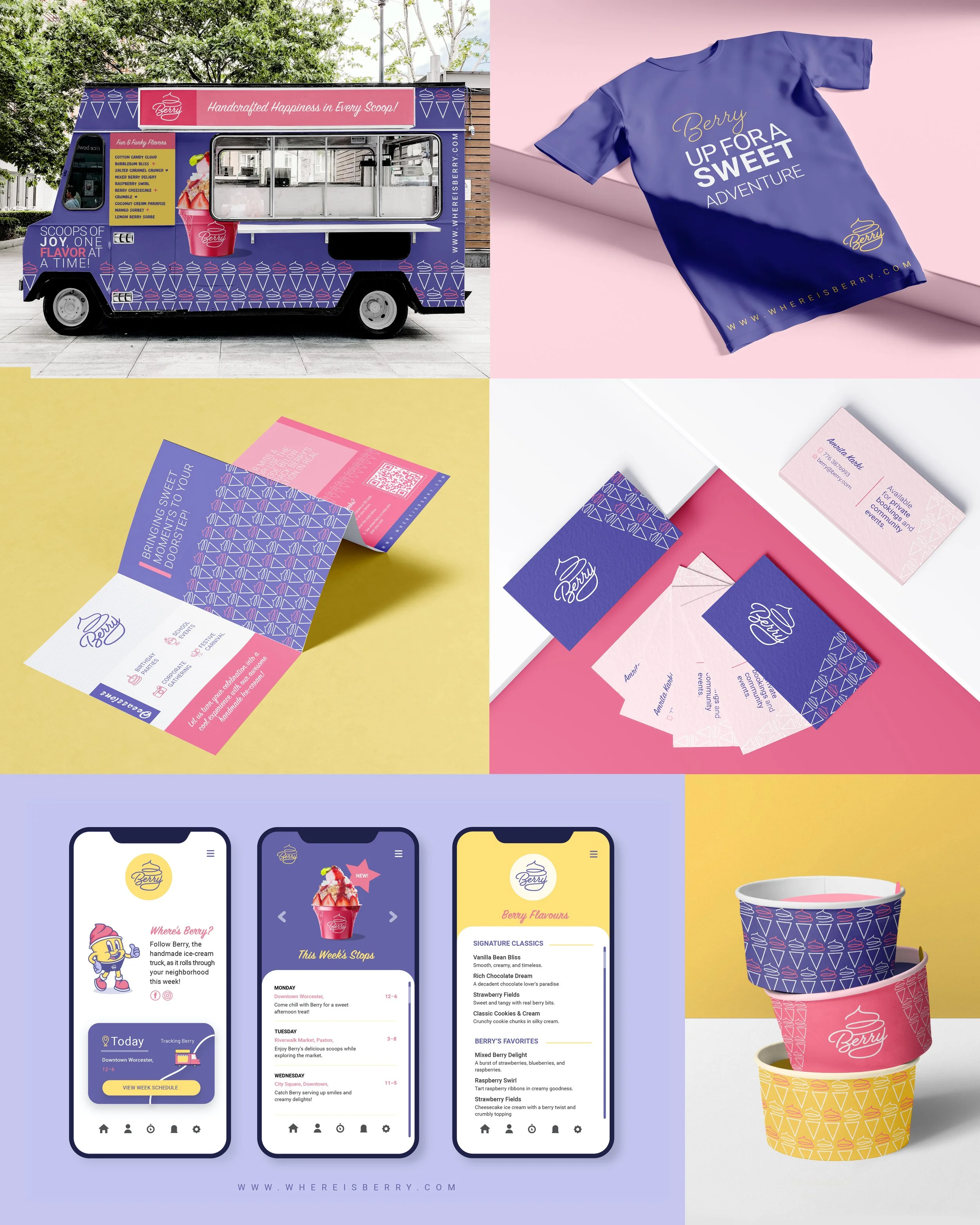 A mobile ice cream truck branded with berry-themed designs, featuring a pink and purple color scheme, alongside various promotional materials including a t-shirt, flyers, business cards, mobile app screens, and ice cream cups, all showcasing the Berr
