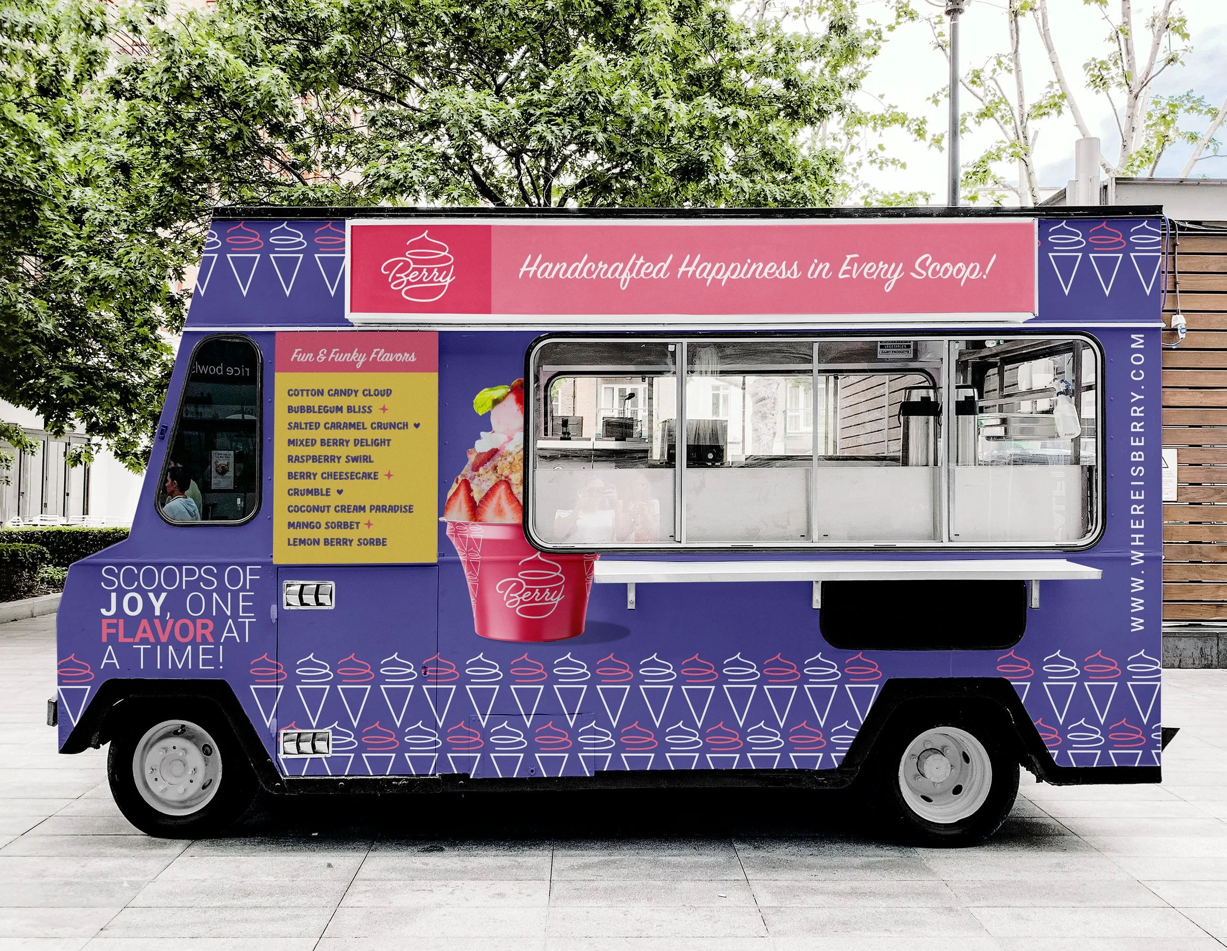 A colorful ice cream food truck with a pink and blue design. The truck displays a list of fun ice cream flavors, and a large image of an ice cream cone. The side of the truck reads, "Scoops of joy, one flavor at a time!" and the pink banner above say