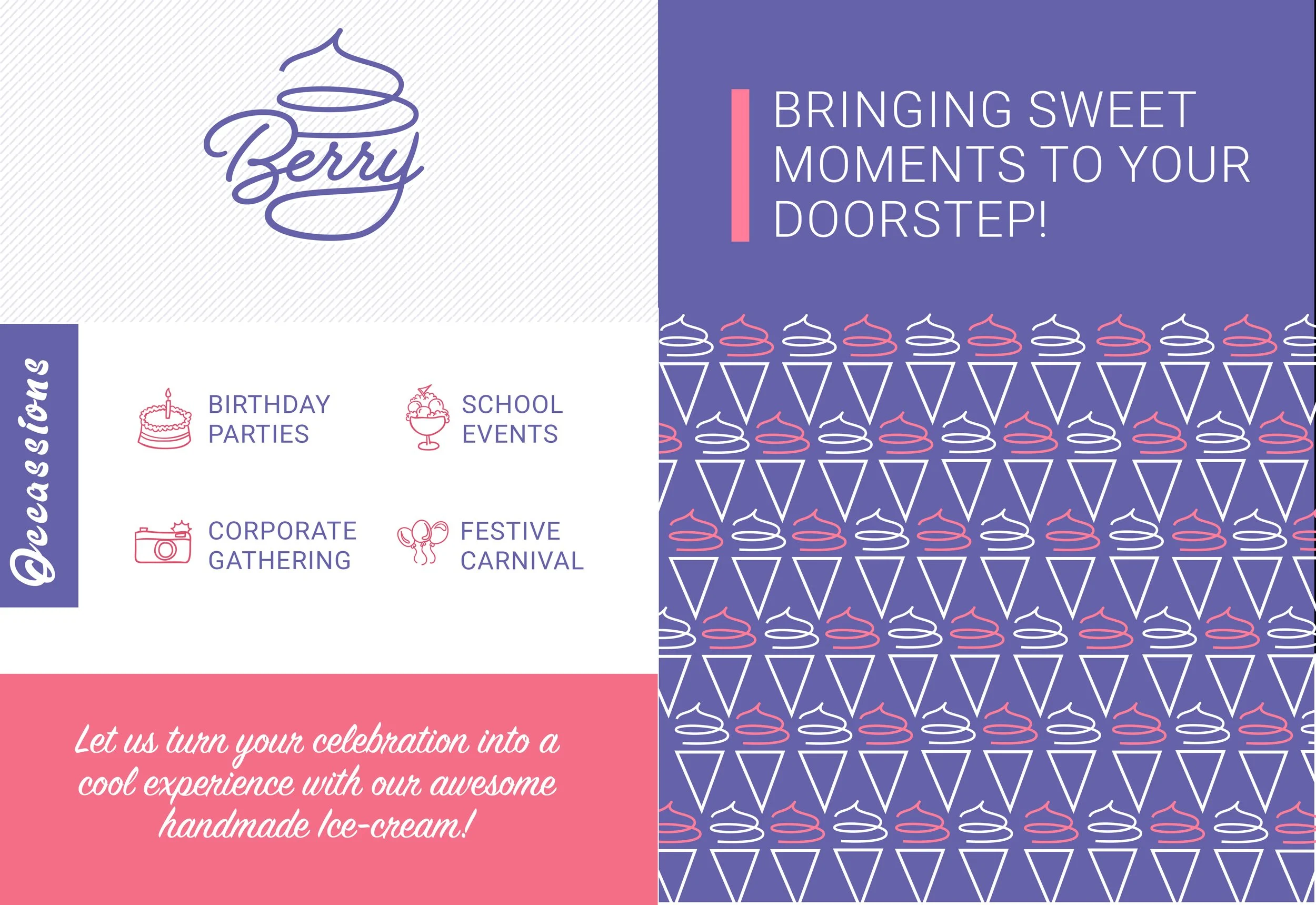 Ice cream shop promotional poster with purple and pink color scheme, features a logo with a stylized ice cream cone, icons and text about birthday parties, school events, corporate gatherings, and festive carnivals. On the right side, there is a dott
